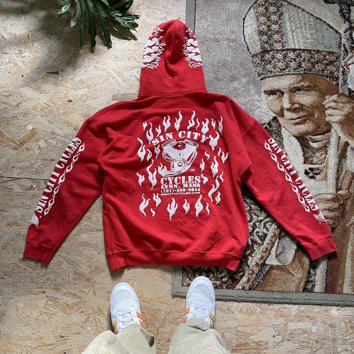 Vintage VINTAGE Y2K SIN CITY CYCLES AMAZING PUFFER PRINTED HOODIE | Grailed