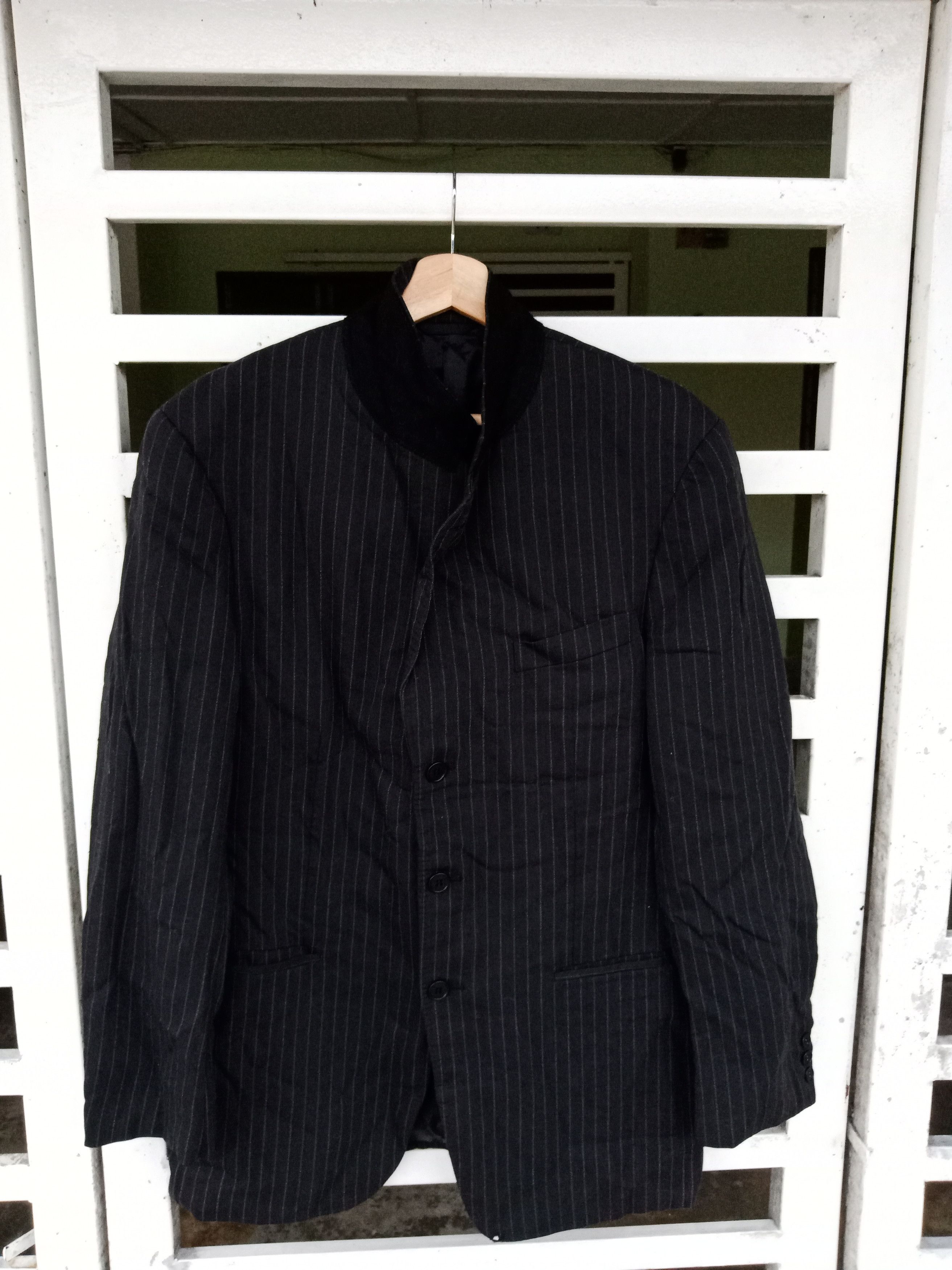 image of Yohji Yamamoto Durban Black Wool Stripes Jacket Coat, Men's (Size Medium)