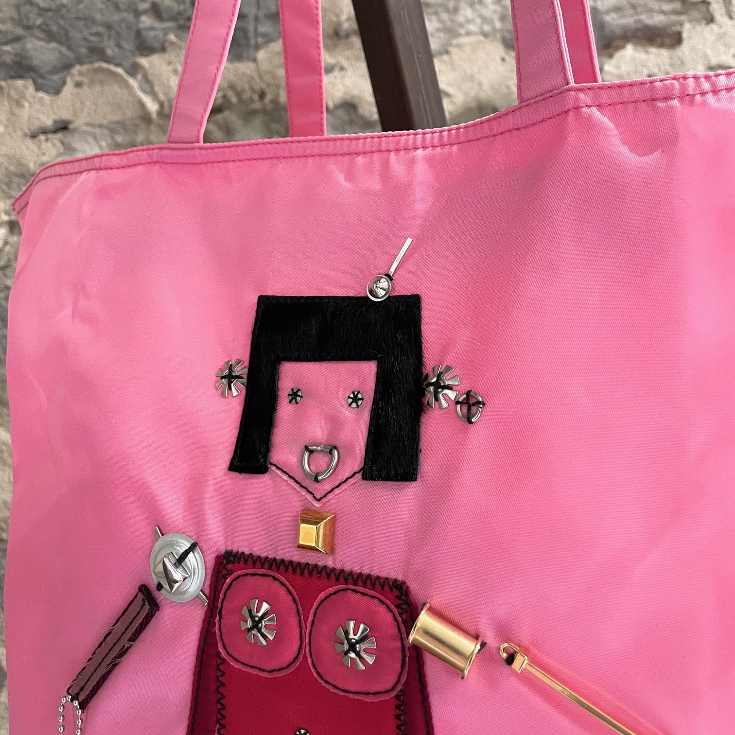 Prada Prada Pink Tessuto Nylon Embellished Robot Tote Size ONE SIZE - 2 Thumbnail