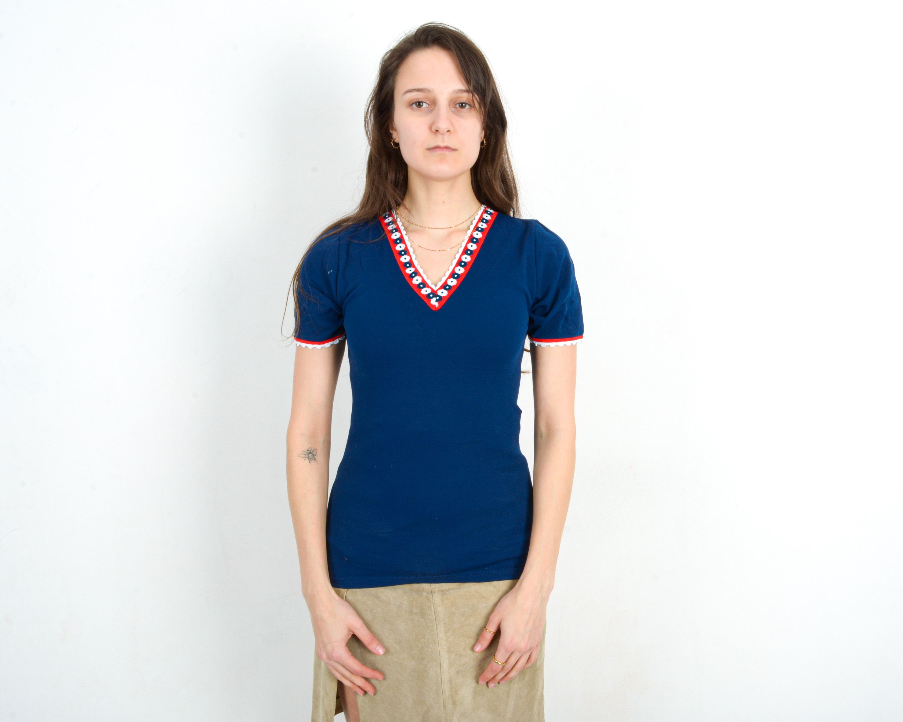Other × Vintage T-Shirt Tee V-Neck Blouse Summer Floral Stretchy Top VTG Size S / US 4 / IT 40 - 3 Thumbnail