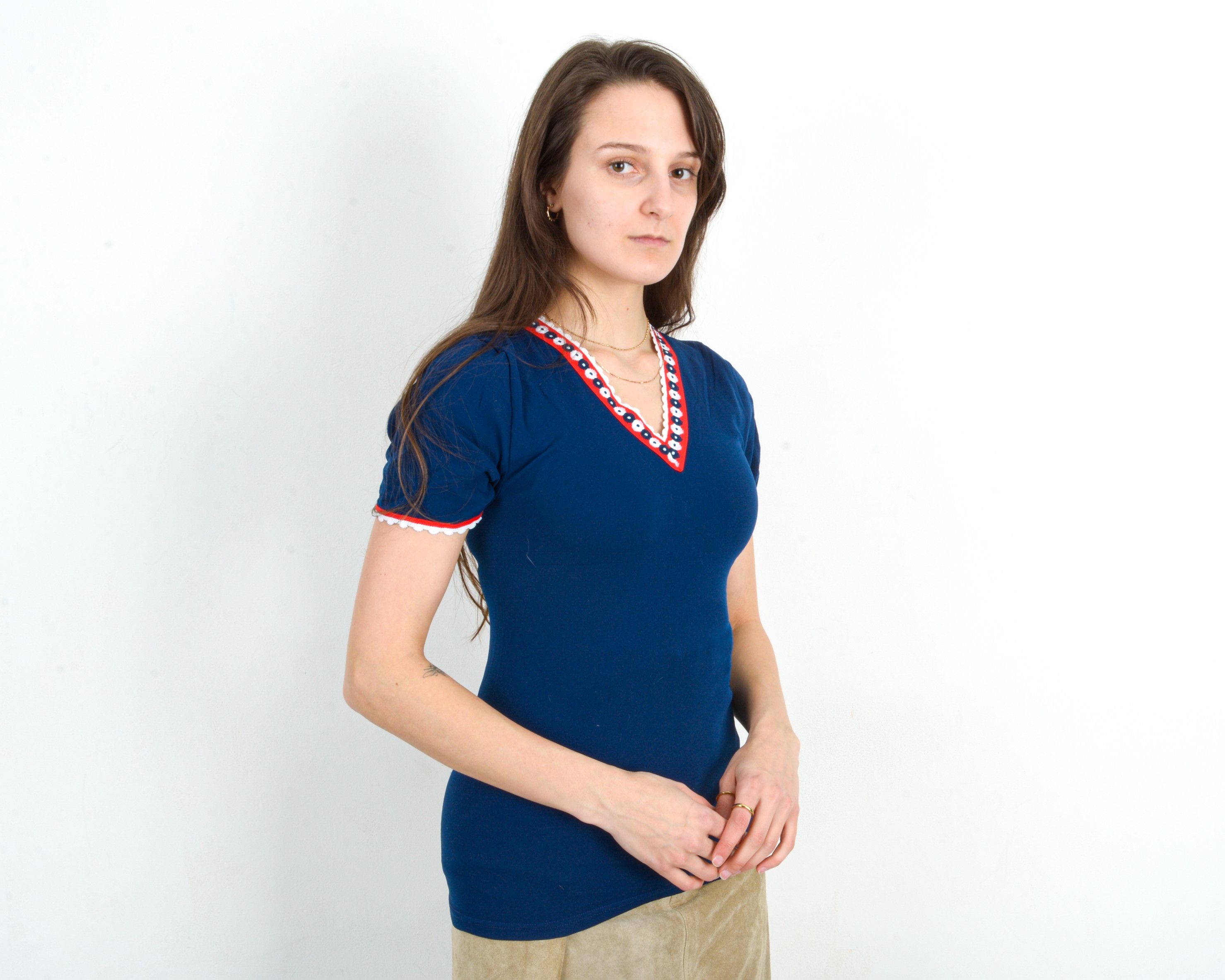 Other × Vintage T-Shirt Tee V-Neck Blouse Summer Floral Stretchy Top VTG Size S / US 4 / IT 40 - 4 Thumbnail