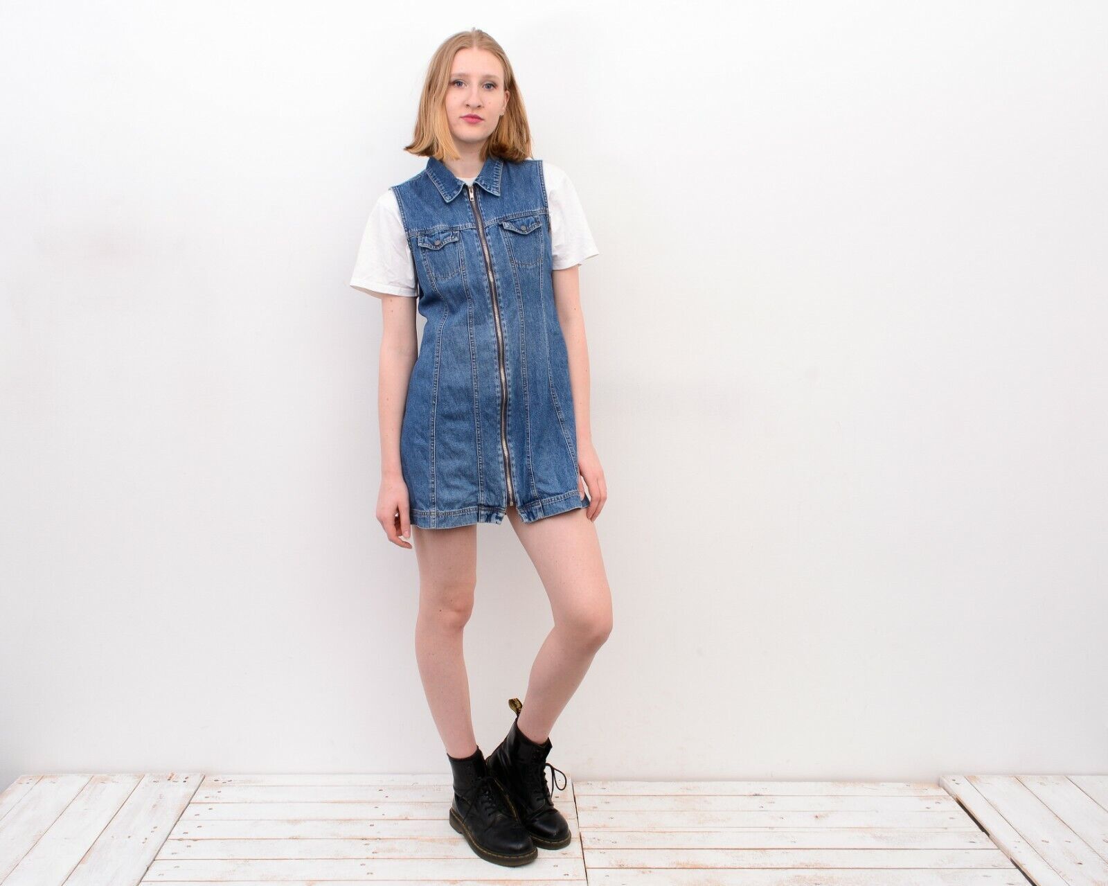 Other × Vintage 90's Zip Up Denim Mini Dress Summer Dress Sarafan Y2K Size M / US 6-8 / IT 42-44 - 3 Thumbnail