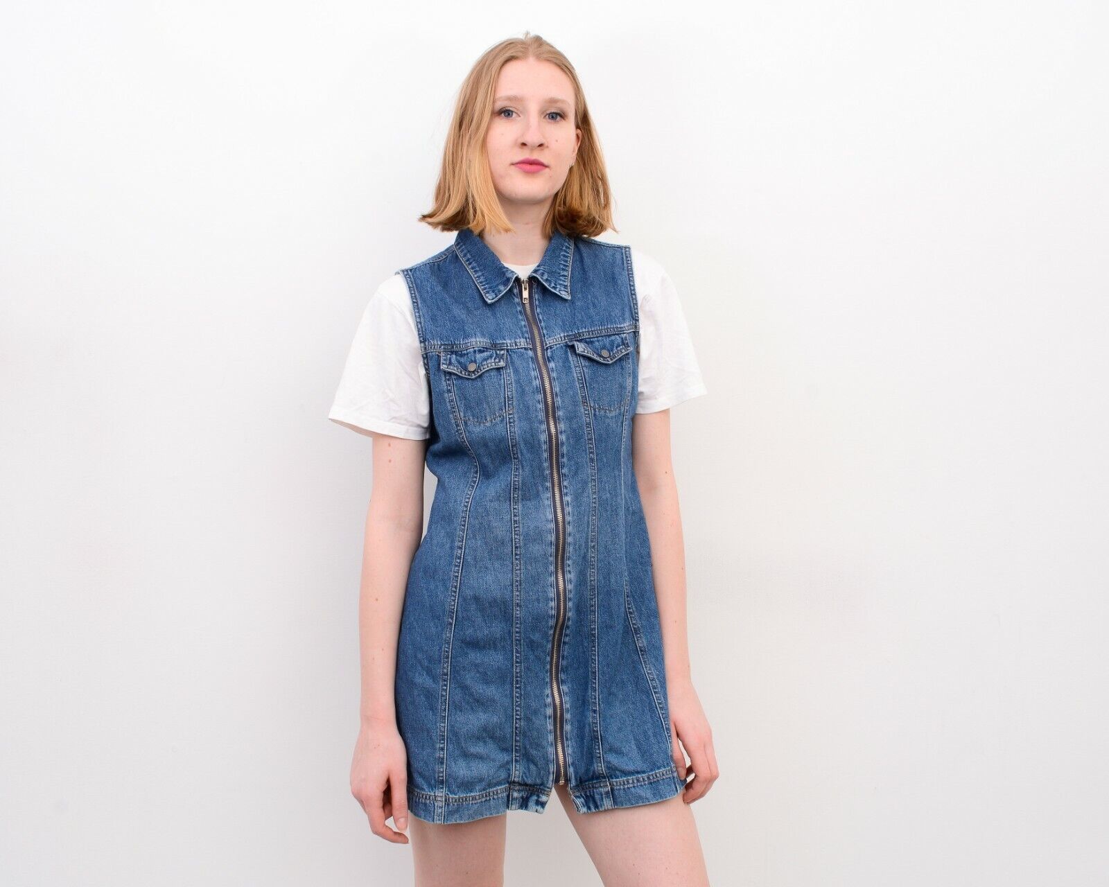 Other × Vintage 90's Zip Up Denim Mini Dress Summer Dress Sarafan Y2K Size M / US 6-8 / IT 42-44 - 2 Thumbnail