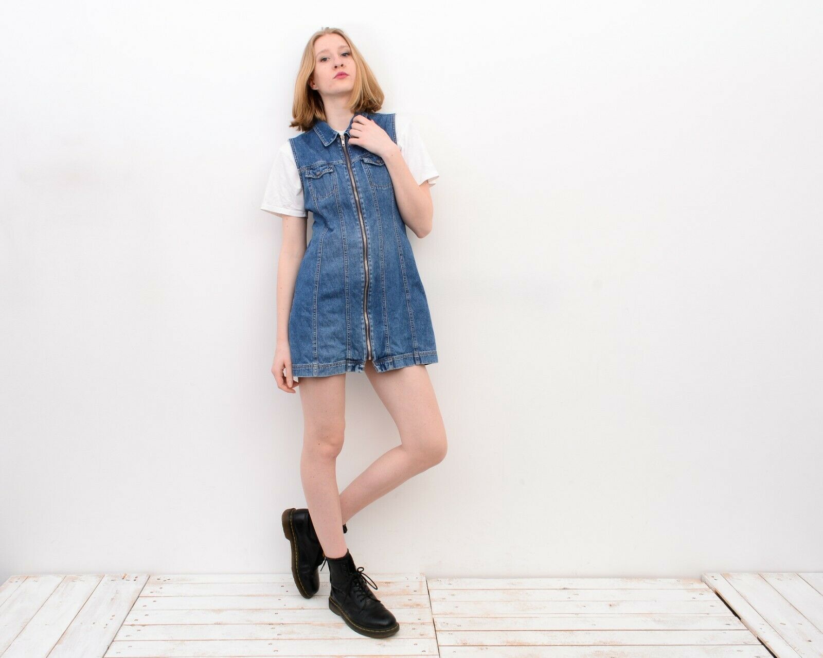 Other × Vintage 90's Zip Up Denim Mini Dress Summer Dress Sarafan Y2K Size M / US 6-8 / IT 42-44 - 1 Thumbnail