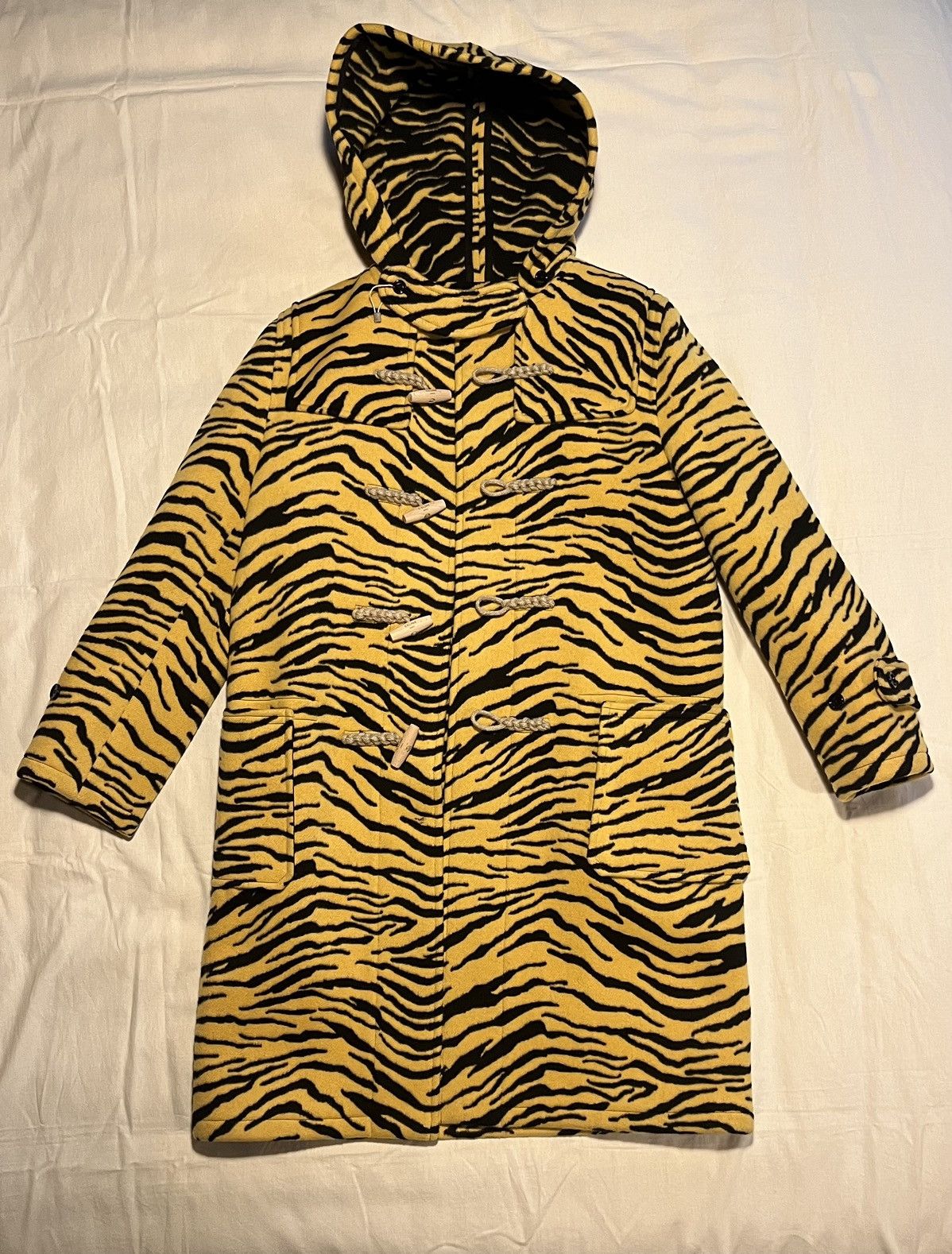 Celine tiger print heavy hooded coat.