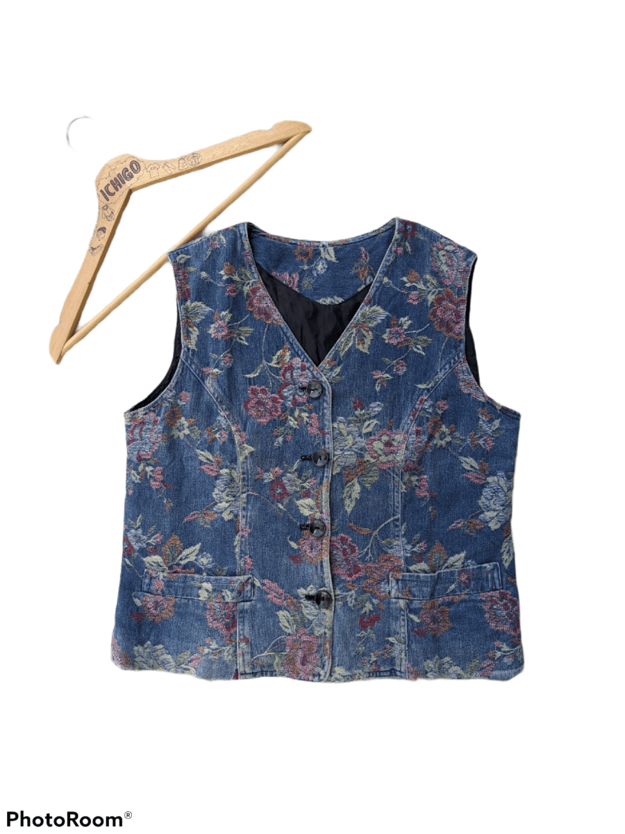 image of Denim Jacket Floral Vest Jacket in Blue, Men's (Size Small)