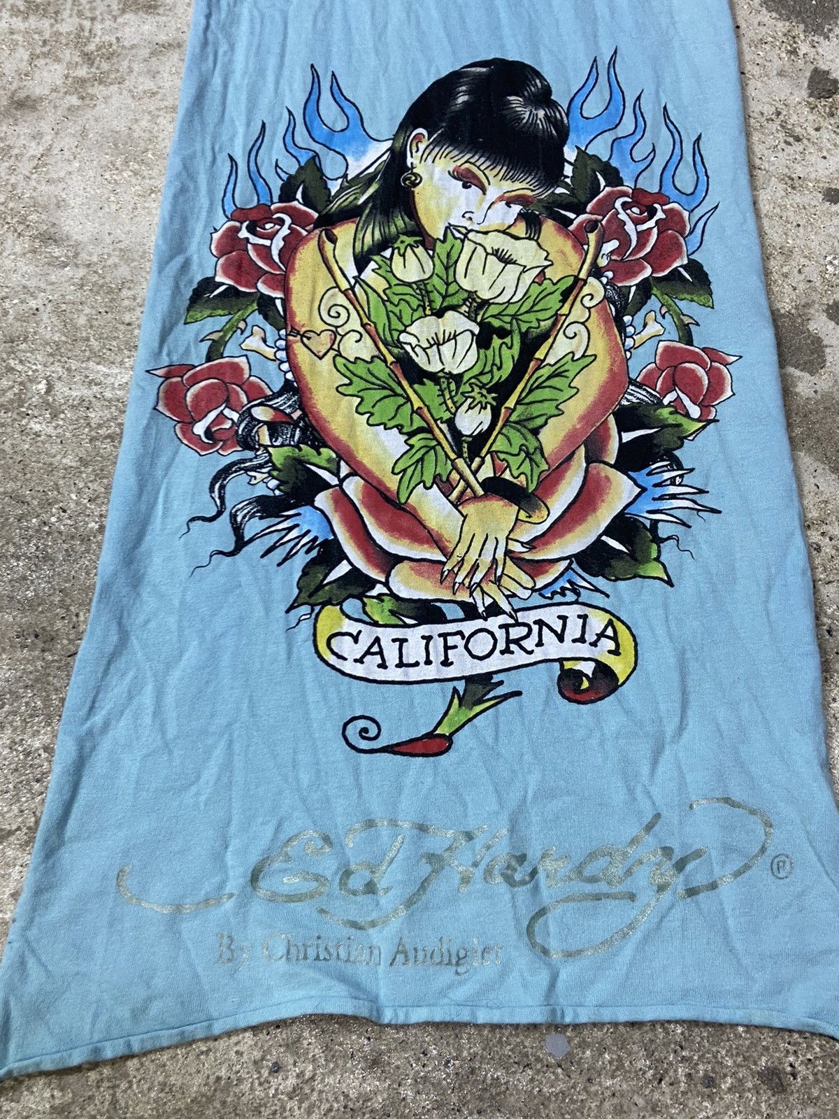 Christian Audigier ED HARDY AMAZING BIG VINTAGE BABY BLUE RARE SCARF - № 4027 Size ONE SIZE - 5 Thumbnail