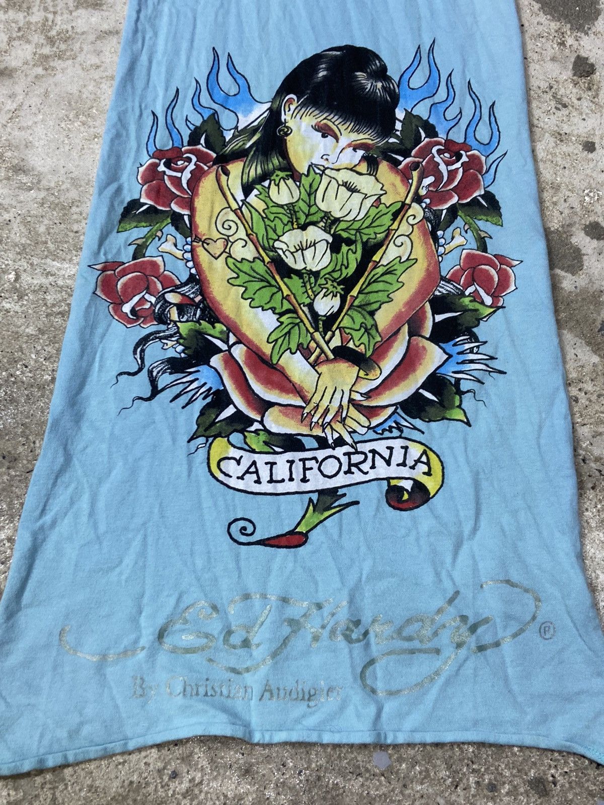 Christian Audigier ED HARDY AMAZING BIG VINTAGE BABY BLUE RARE SCARF - № 4027 Size ONE SIZE - 4 Thumbnail