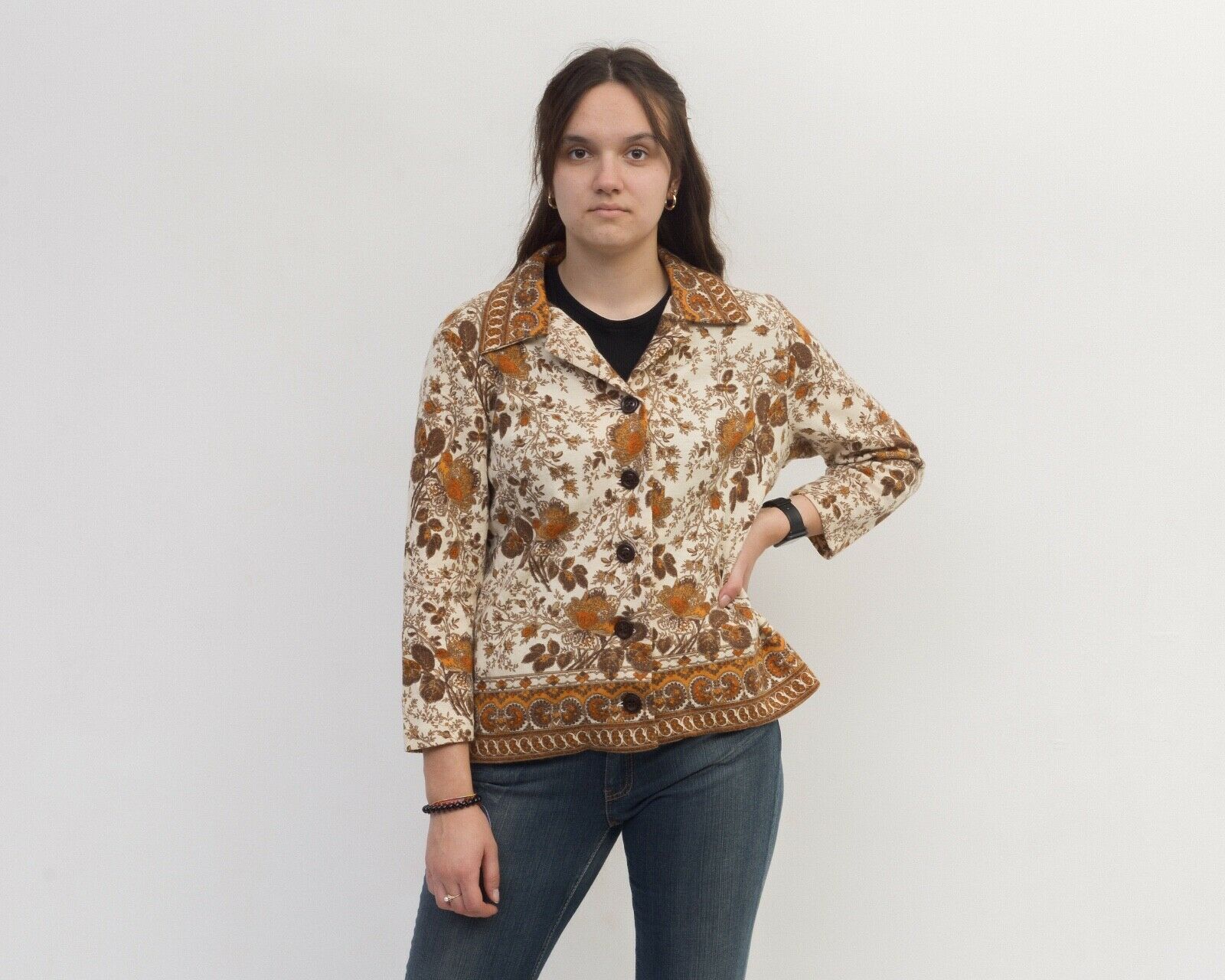 Other × Vintage Sieger Wool Floral Pattern Blouse Shirt Top Button Cropped Size L / US 10 / IT 46 - 1 Thumbnail