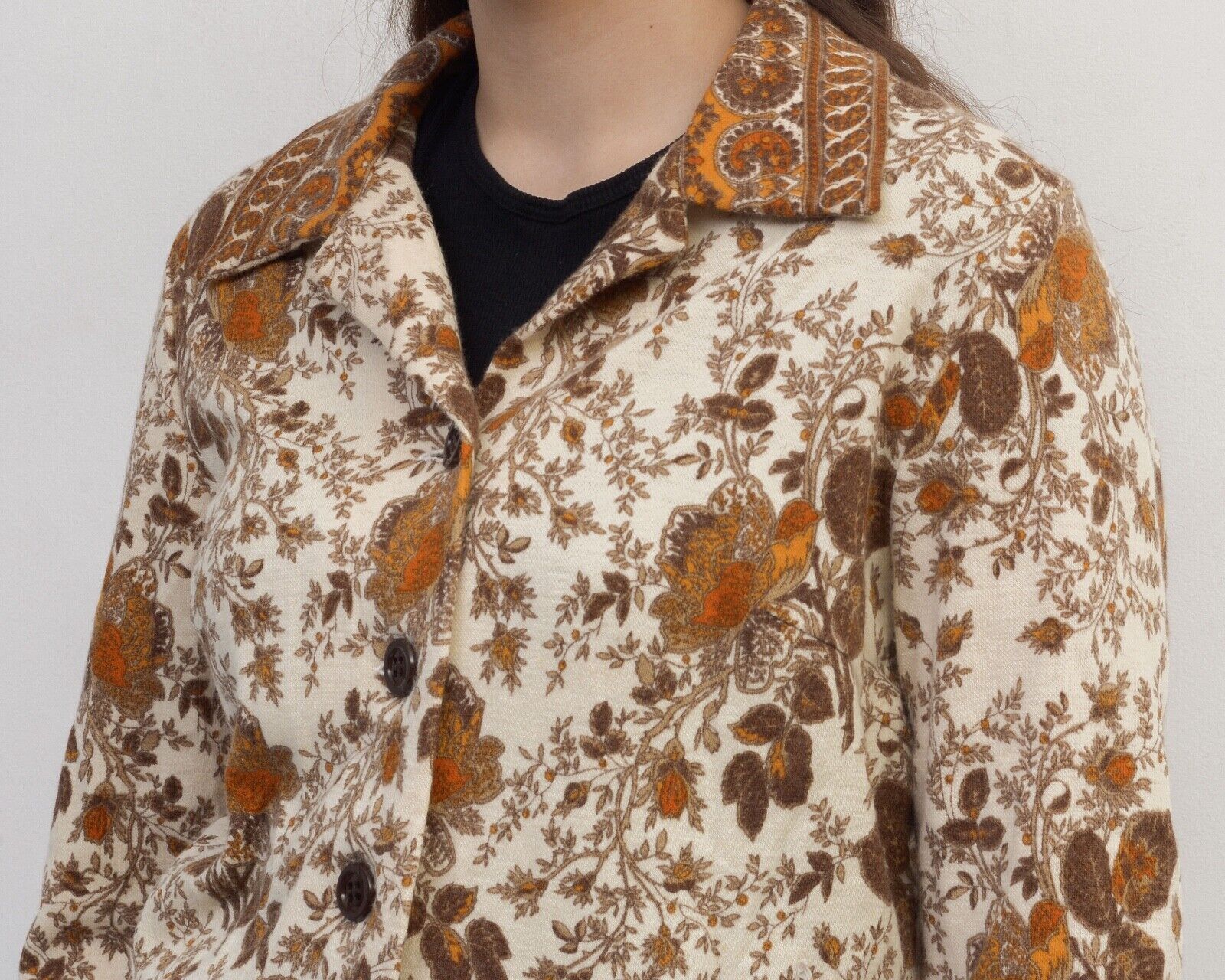 Other × Vintage Sieger Wool Floral Pattern Blouse Shirt Top Button Cropped Size L / US 10 / IT 46 - 3 Thumbnail