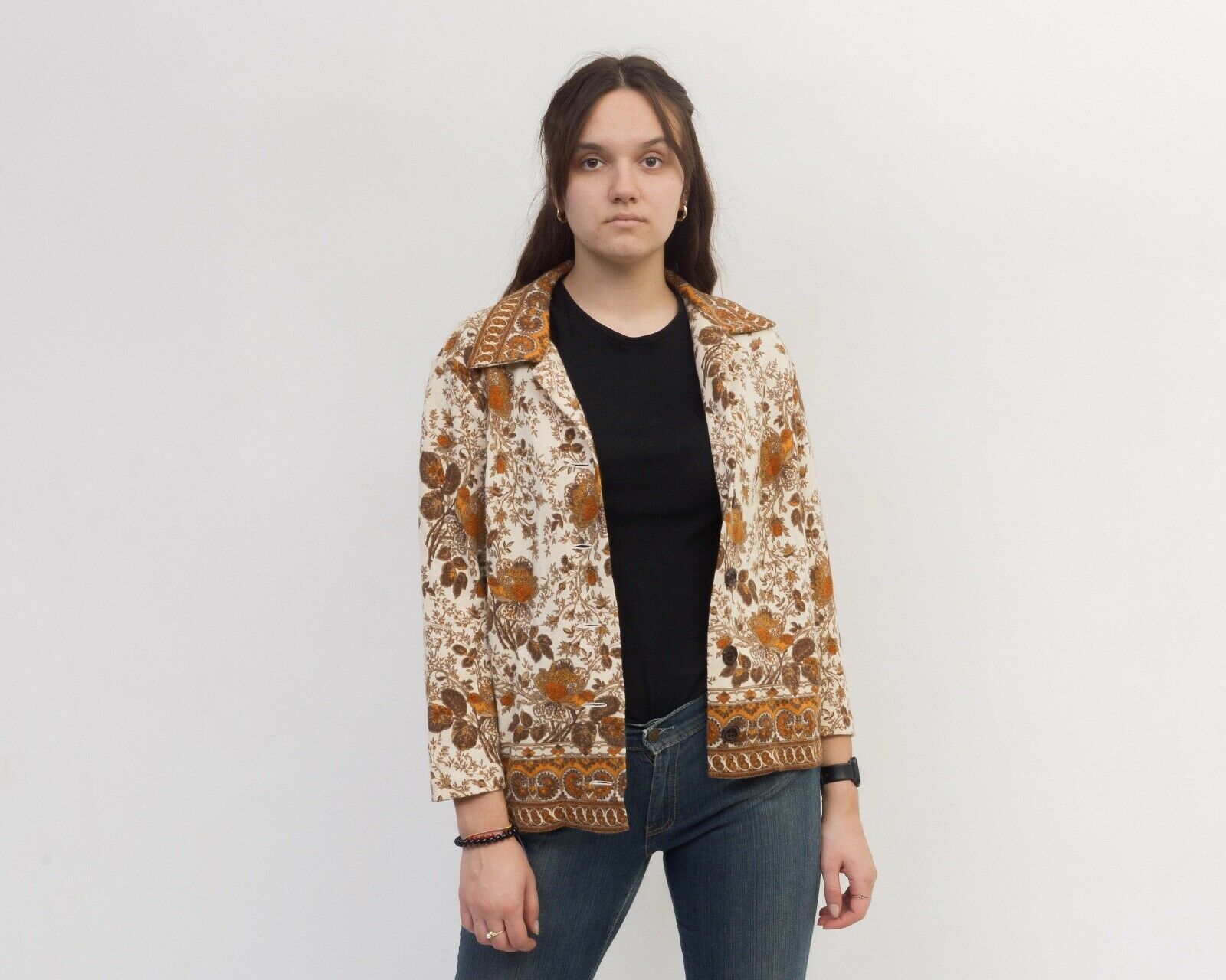 Other × Vintage Sieger Wool Floral Pattern Blouse Shirt Top Button Cropped Size L / US 10 / IT 46 - 5 Thumbnail