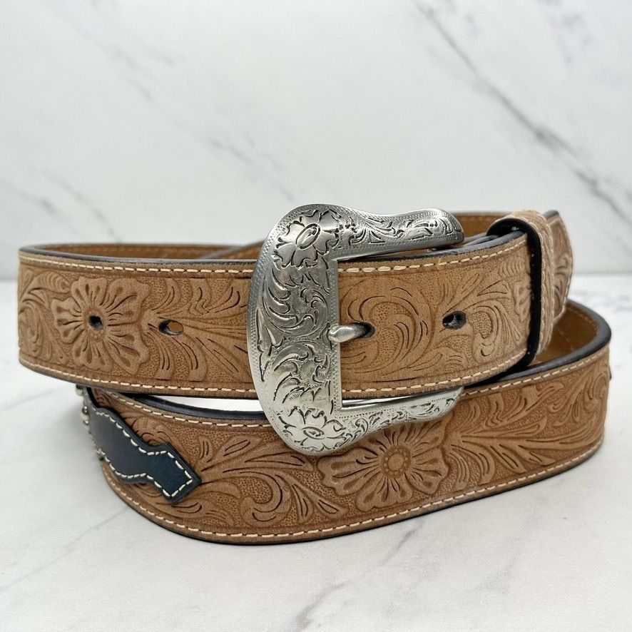 Nocona Nocona Tooled Genuine Leather Studded Southwestern Belt | Grailed