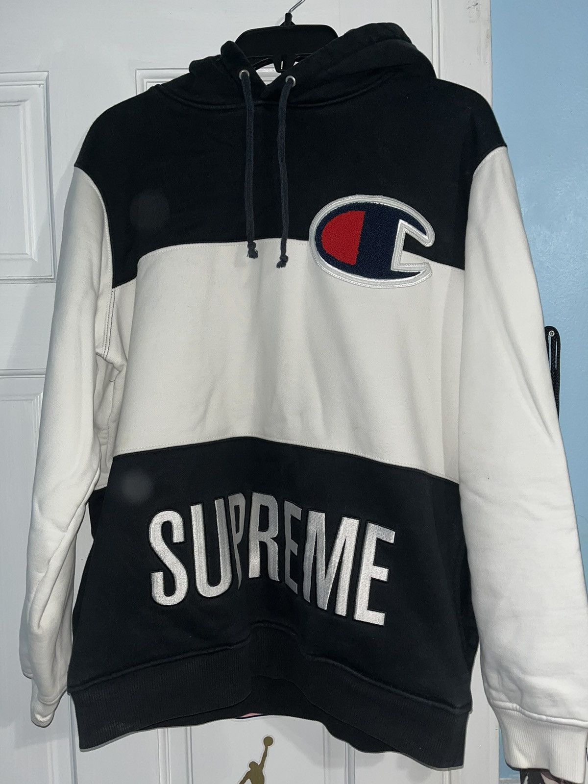 Champion Supreme Supreme X Champion white and black color block hoodie Grailed