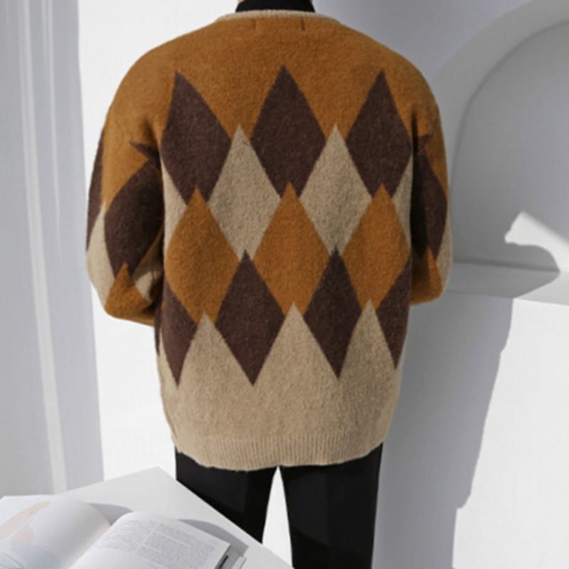 Japanese Brand Brown and Beige rhombus patterned loose cardigan Size US L / EU 52-54 / 3 - 6 Thumbnail