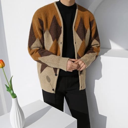 Japanese Brand Brown and Beige rhombus patterned loose cardigan Size US L / EU 52-54 / 3 - 3 Thumbnail