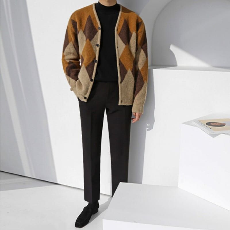 Japanese Brand Brown and Beige rhombus patterned loose cardigan Size US L / EU 52-54 / 3 - 4 Thumbnail