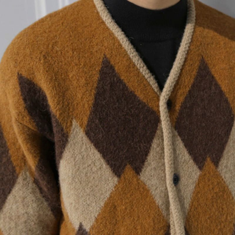 Japanese Brand Brown and Beige rhombus patterned loose cardigan Size US L / EU 52-54 / 3 - 7 Thumbnail
