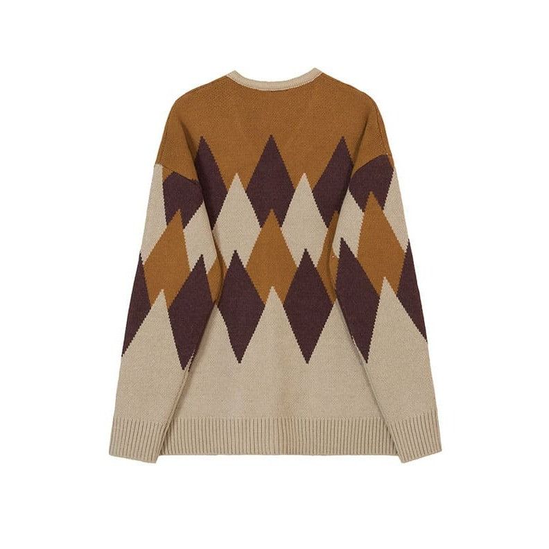 Japanese Brand Brown and Beige rhombus patterned loose cardigan Size US L / EU 52-54 / 3 - 2 Thumbnail