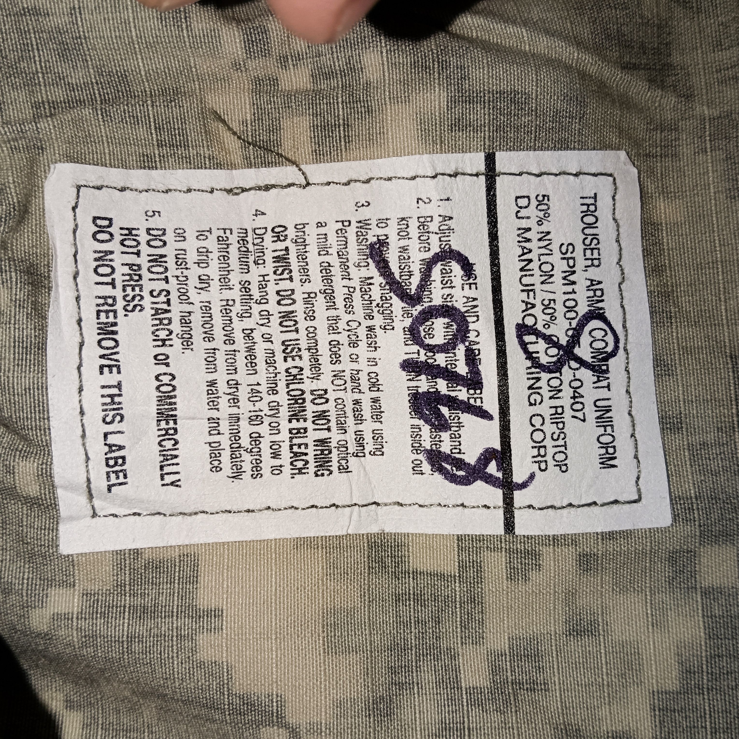 Trouser army combat uniform with series number