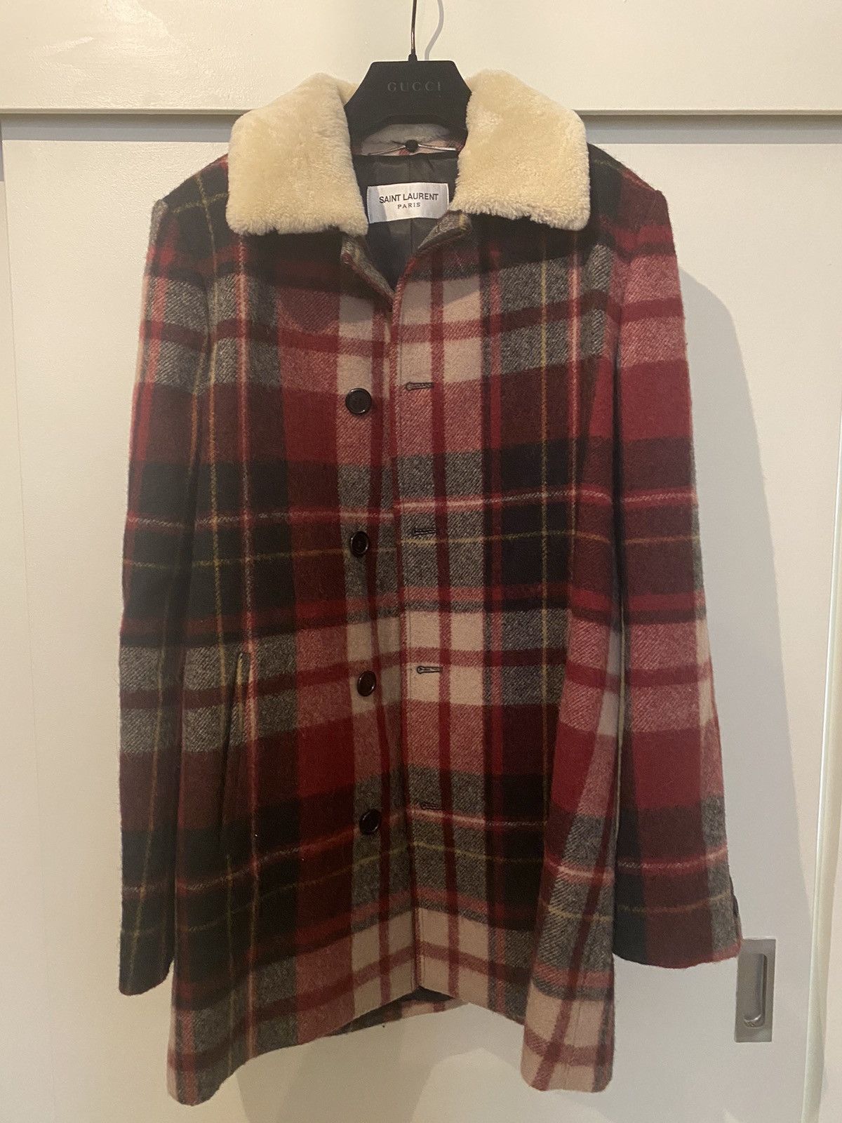 image of Saint Laurent Paris Saint Laurent Wool Plaid Coat With Shearling Collar in Red, Men's (Size Small)