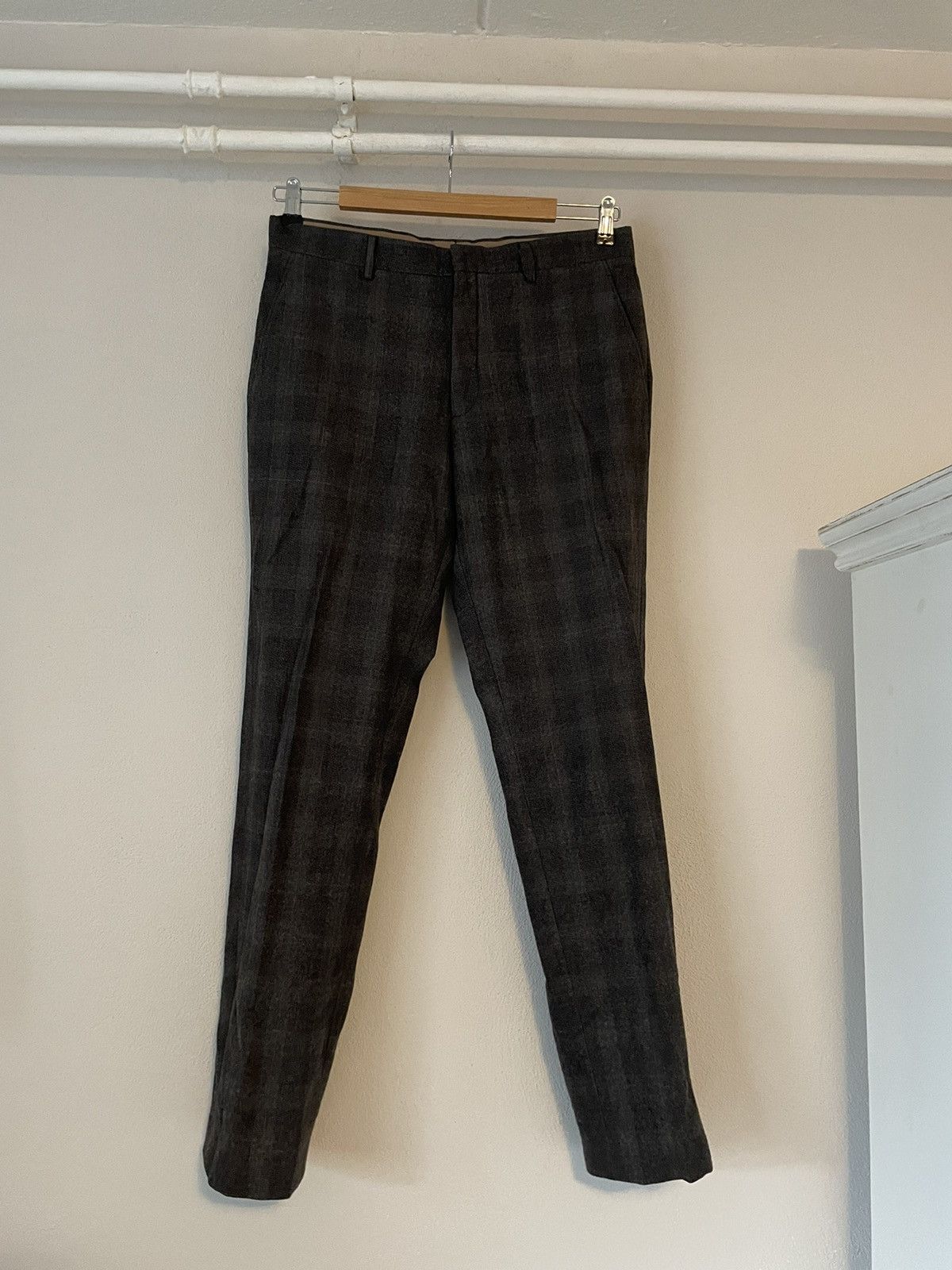 image of Miu Miu Shadow Check Virgin Wool Trousers in Grey, Men's (Size 34)