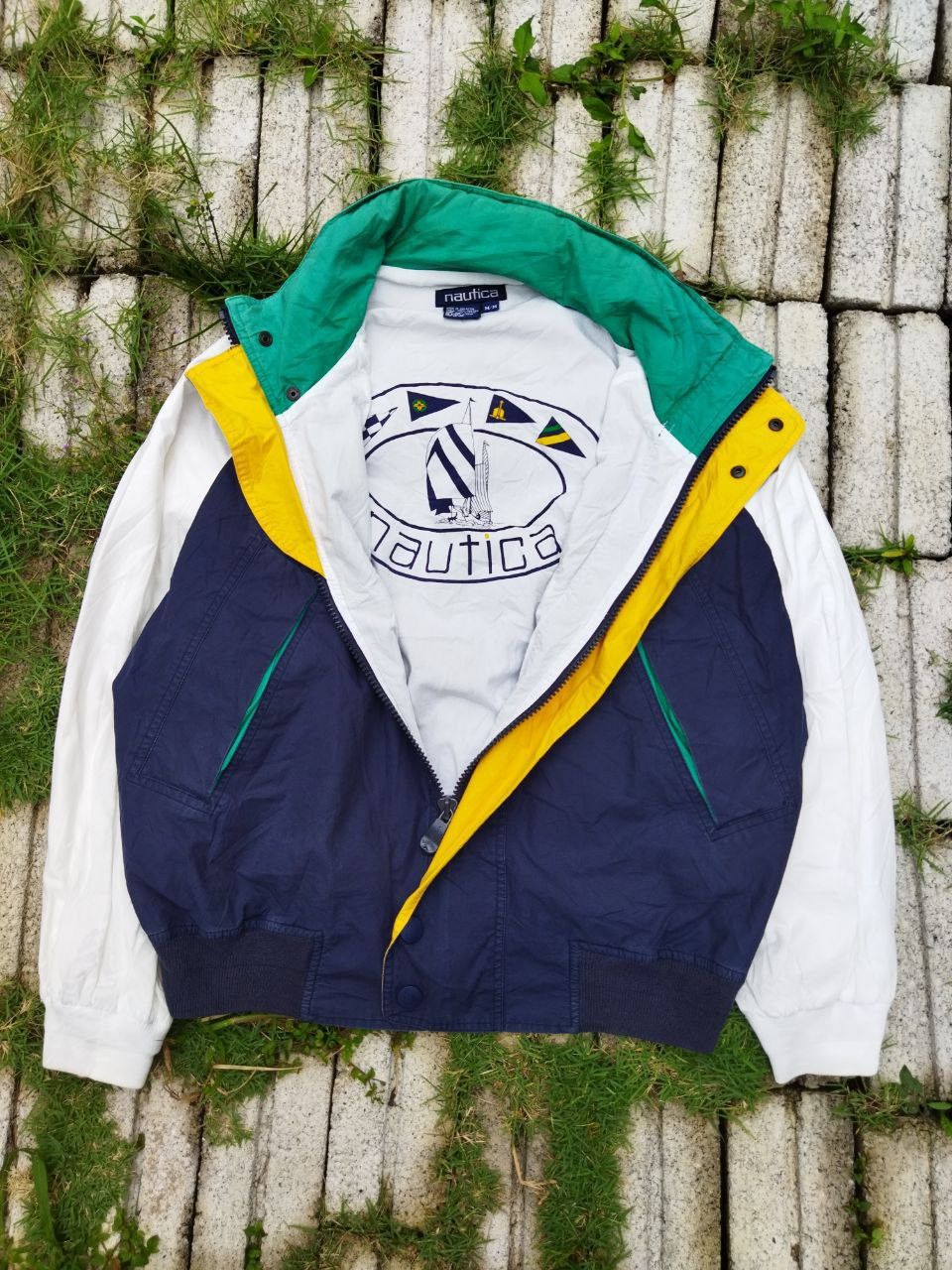 image of vintage Nautica Sailing Gear Big Logo Jacket in Blue/White, Men's (Size Medium)