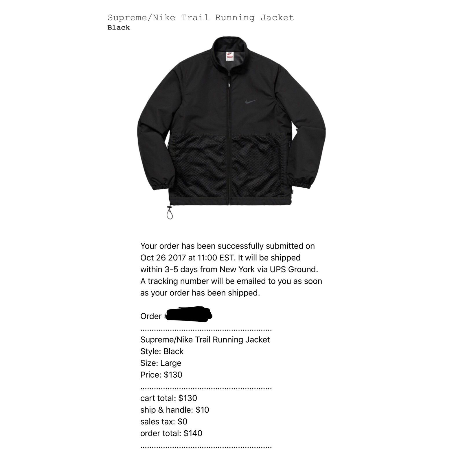 Supreme Nike Trail Running Jacket Black Men's - FW17 - US