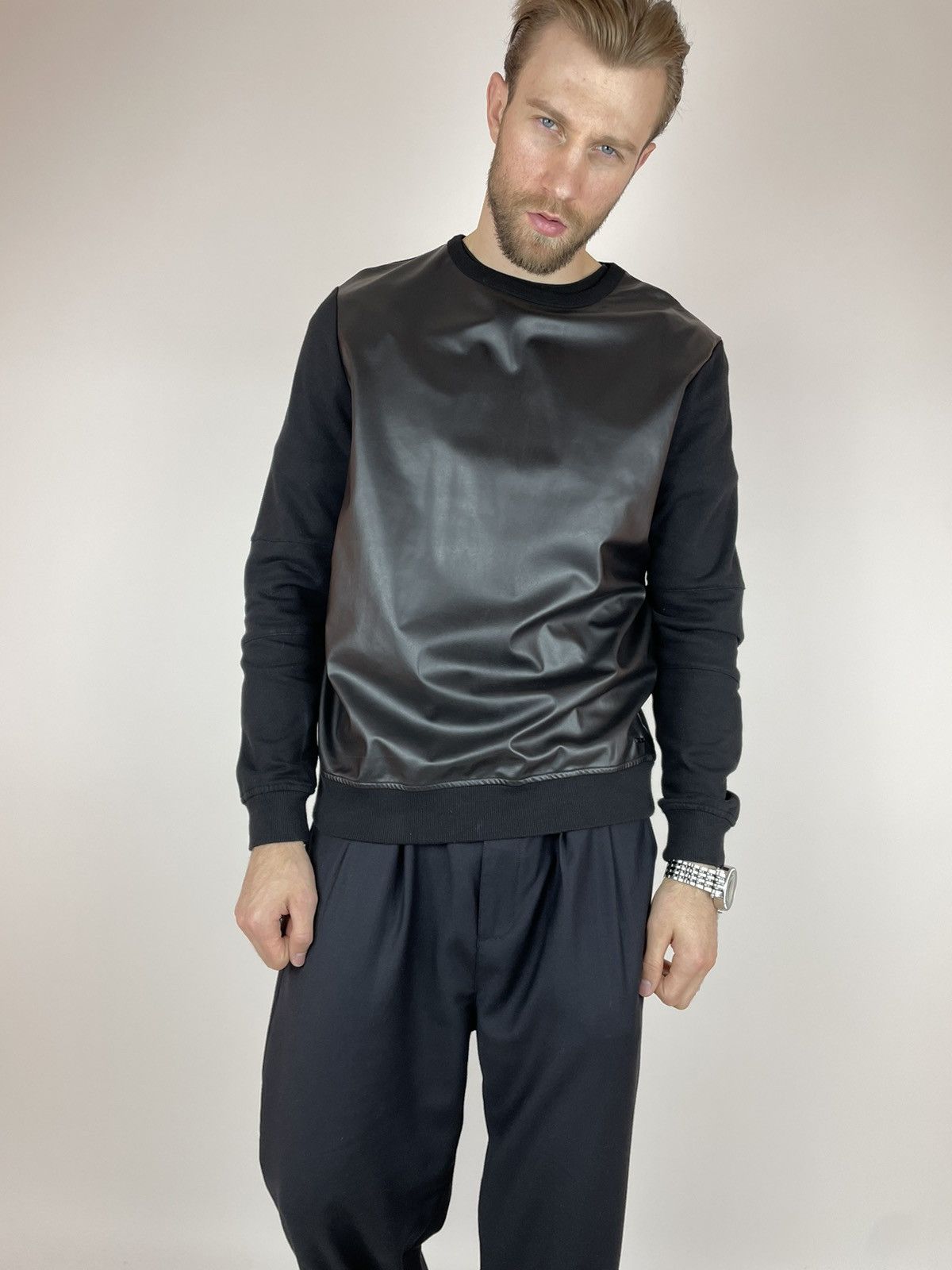 River Island River Island Mens black faux leather sweatshirt long sleeve Size US L / EU 52-54 / 3 - 2 Thumbnail