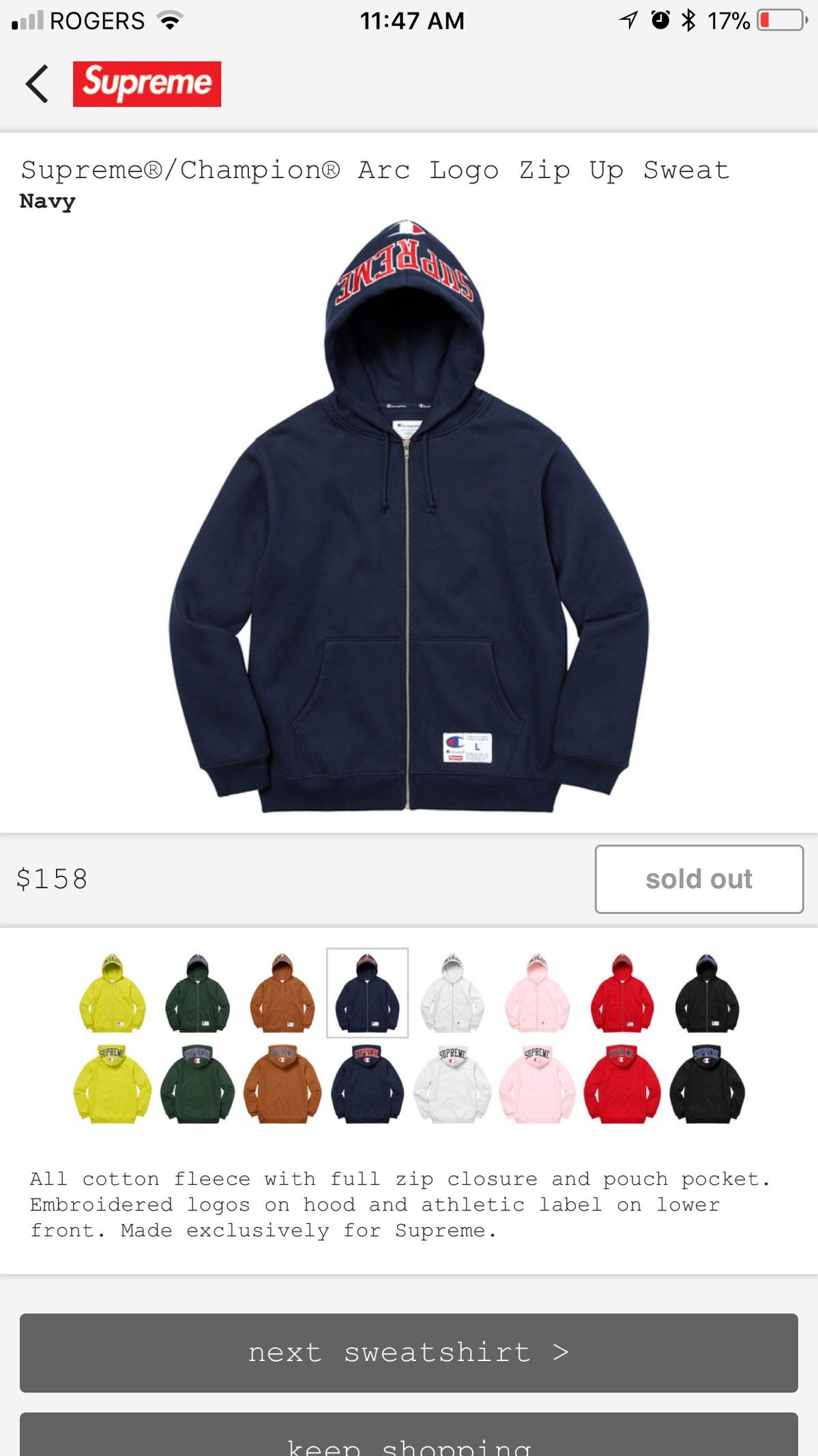 Supreme Champion Arc Logo discount zip up Hoodie sz.m