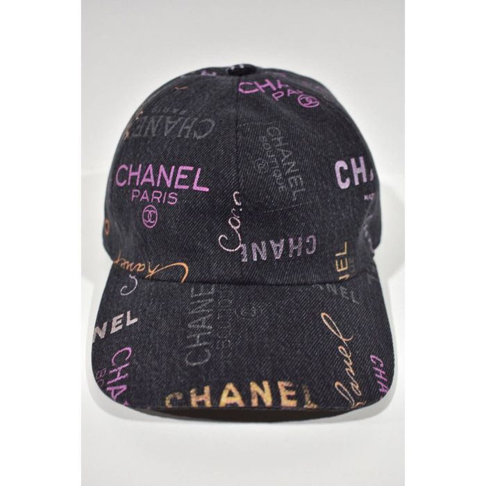 Chanel 22P Black Denim Sequin CC White Logo Baseball Cap Curved Peak Hat