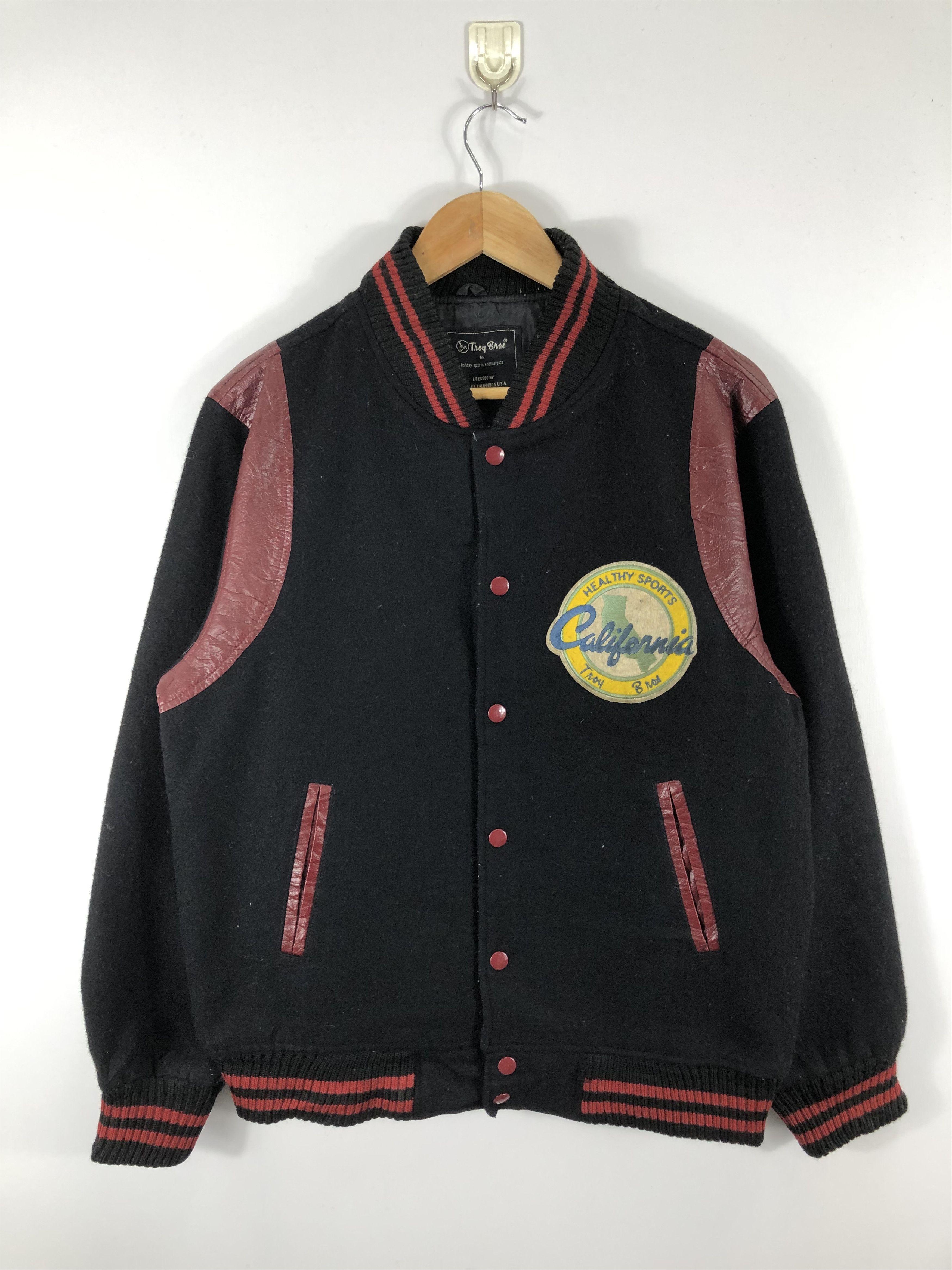 image of 90's Troy Bros Wool Bomber Varsity Jacket in Black, Men's (Size Large)