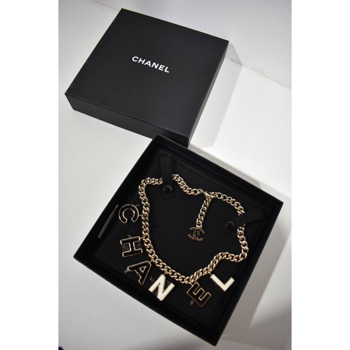 Chanel Chanel 22A Black White Gold Chain XL Logo Choker Necklace