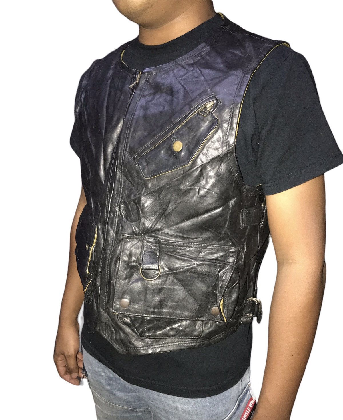 image of Leather Jacket x Moto Vintage Harold’S Gear Multi Pocket Leather Biker Jacket, Men's (Size Small)