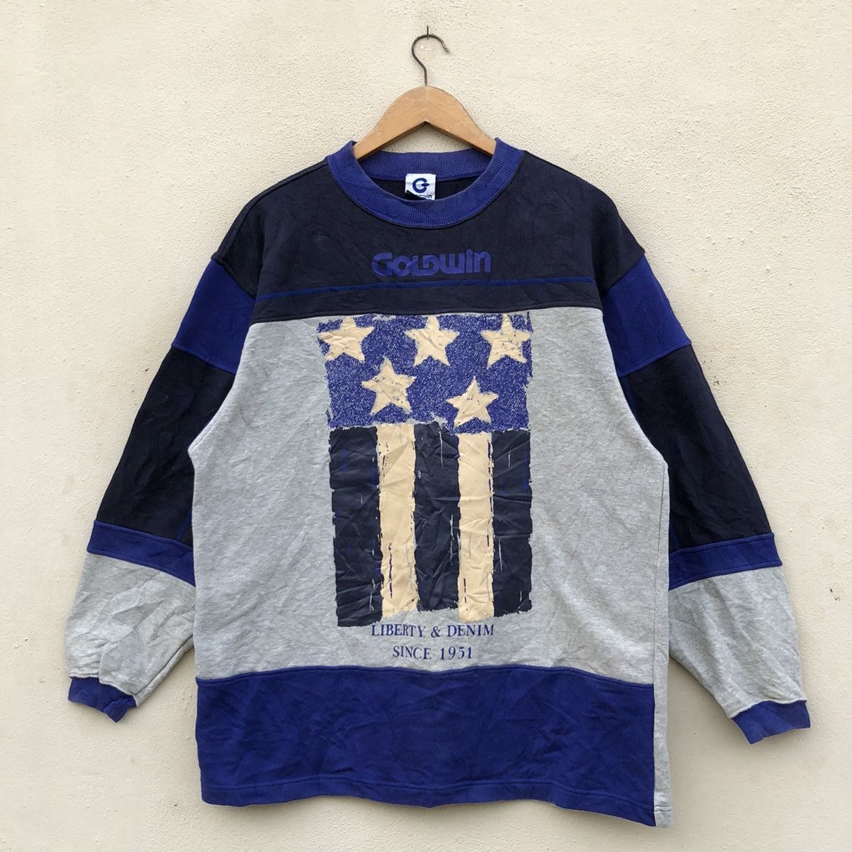 Vintage GOLDWIN LIBERTY AND DENIM COLOUR BLOCK SWEATSHIRT