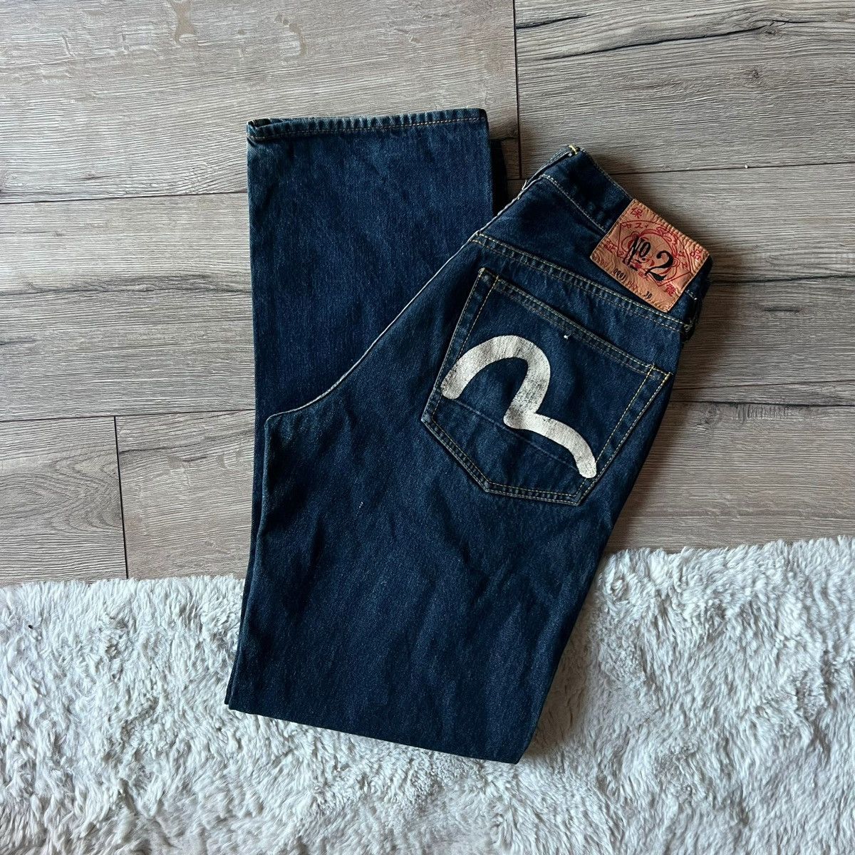 Jean EVISU Y2K Brodé Dos Blanc - Taille FR40, 100% Coton, Occasion Très Bon état