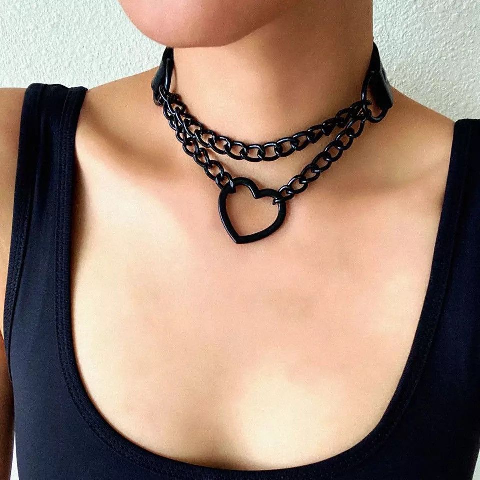 Jewelry Heart Choker With Chain Goth Collar Size ONE SIZE - 3 Thumbnail