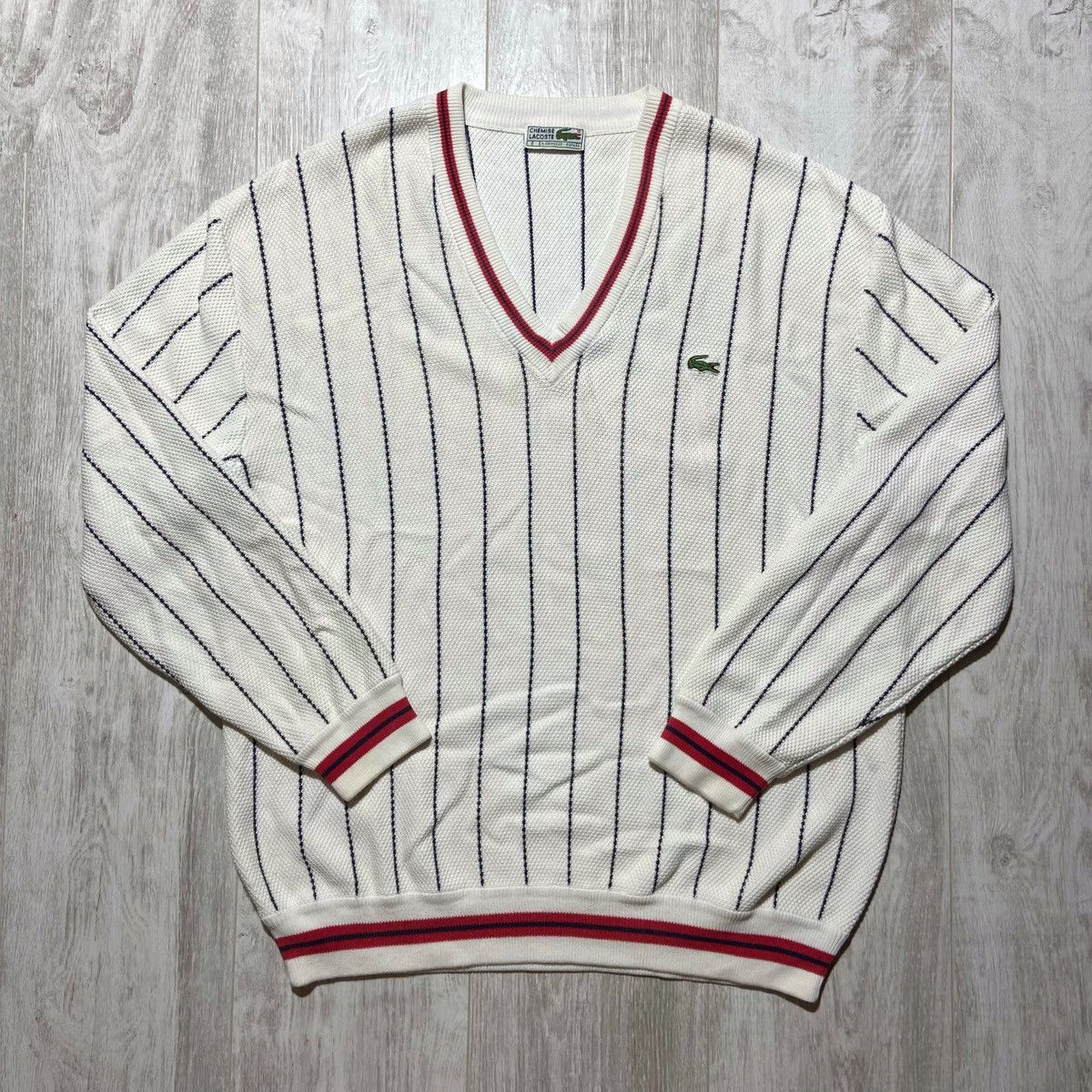 Lacoste × Vintage 90’s Vintage Lacoste V-Neck Stripe Sweater Size US XL / EU 56 / 4 - 1 Thumbnail