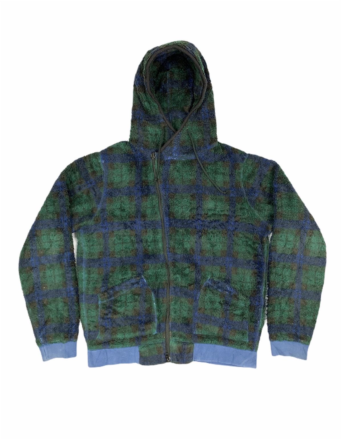 image of Beams Plus Beams Fleece Tartan Plaid Streetwear Punkrock Hoodie Jacket in Green Blue (Size Large)