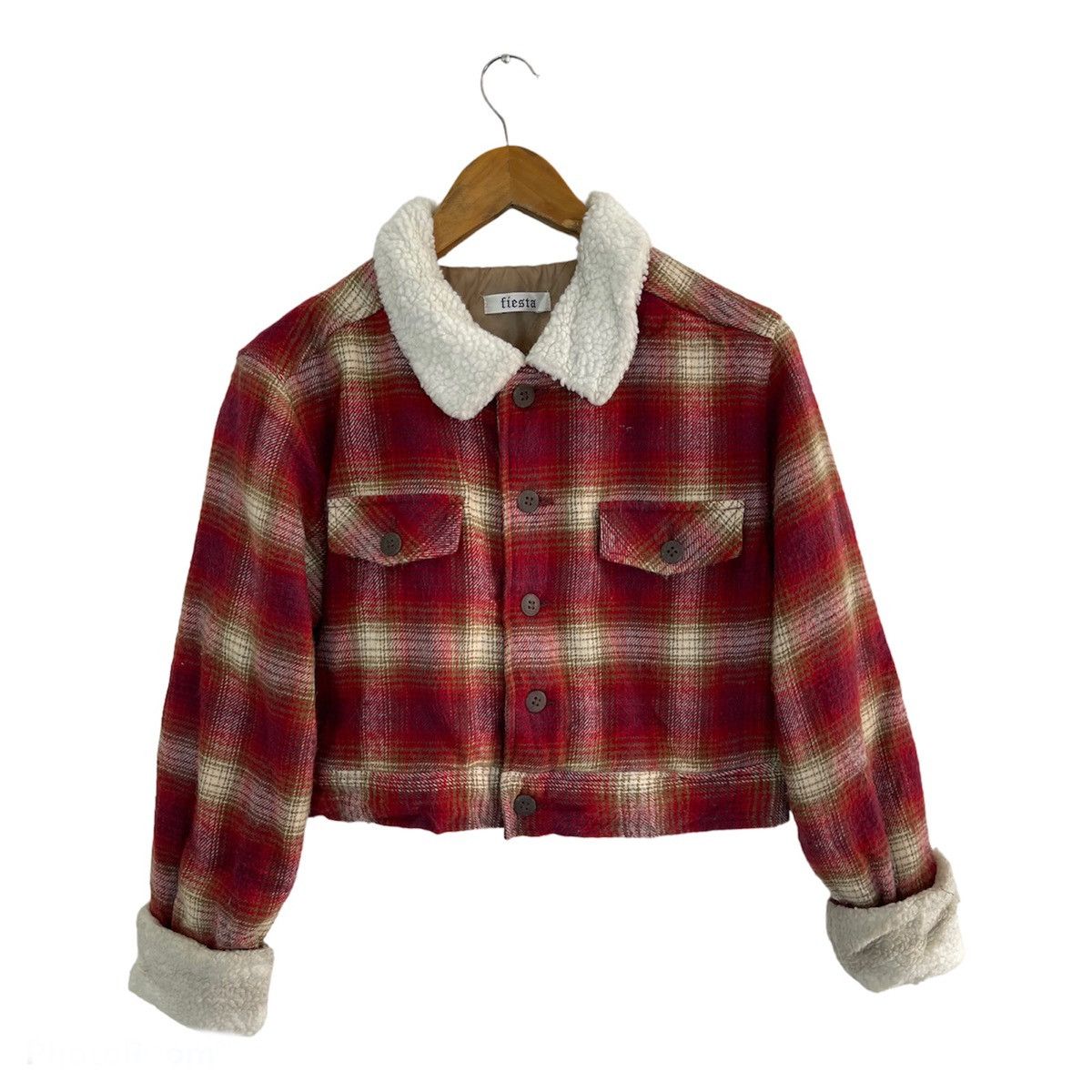 Vintage Red Tartan Cropped Shearling Jacket