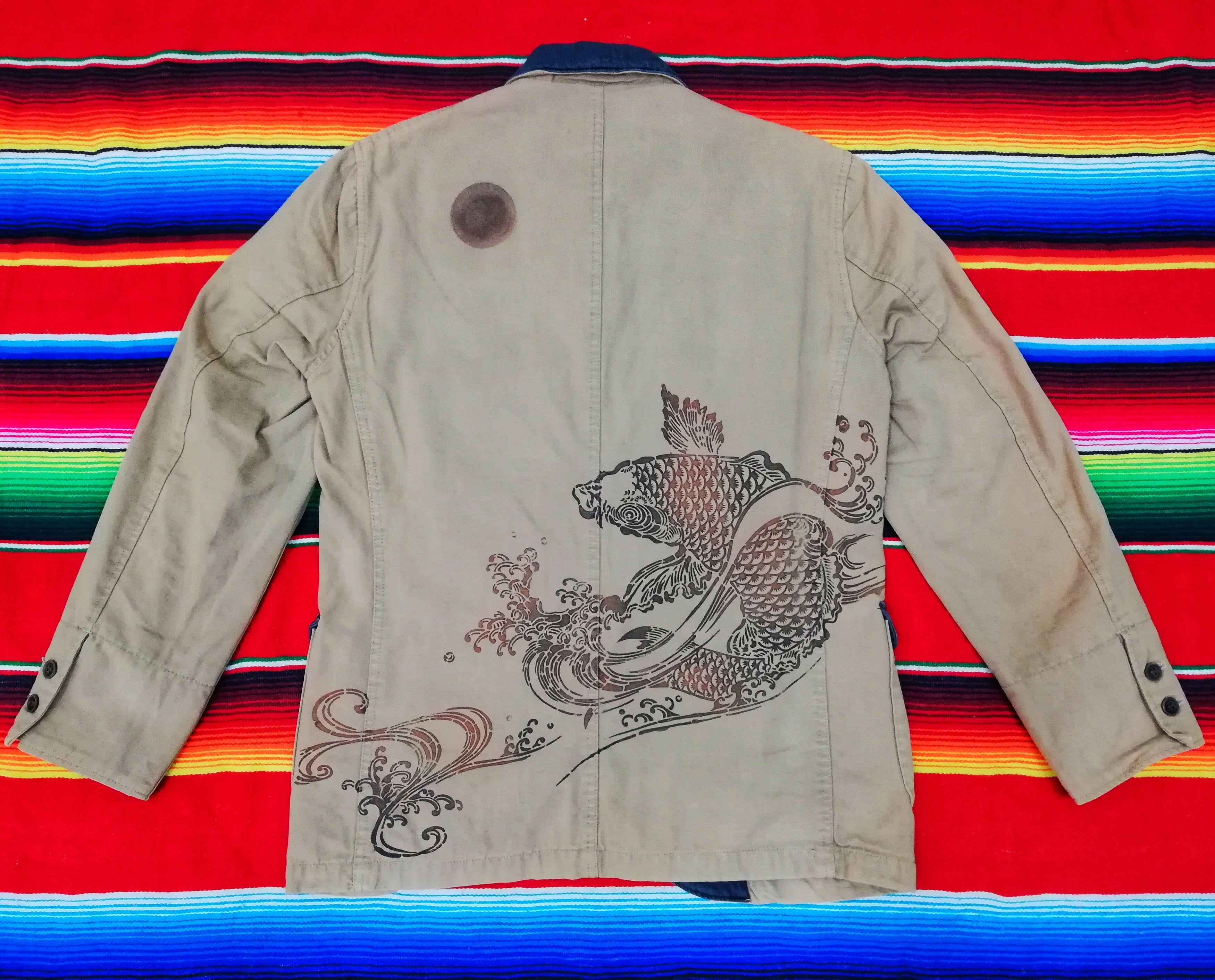 image of Unbranded Fish Embroidered Japanese Wear Beggie Jacket in Beige, Men's (Size XS)