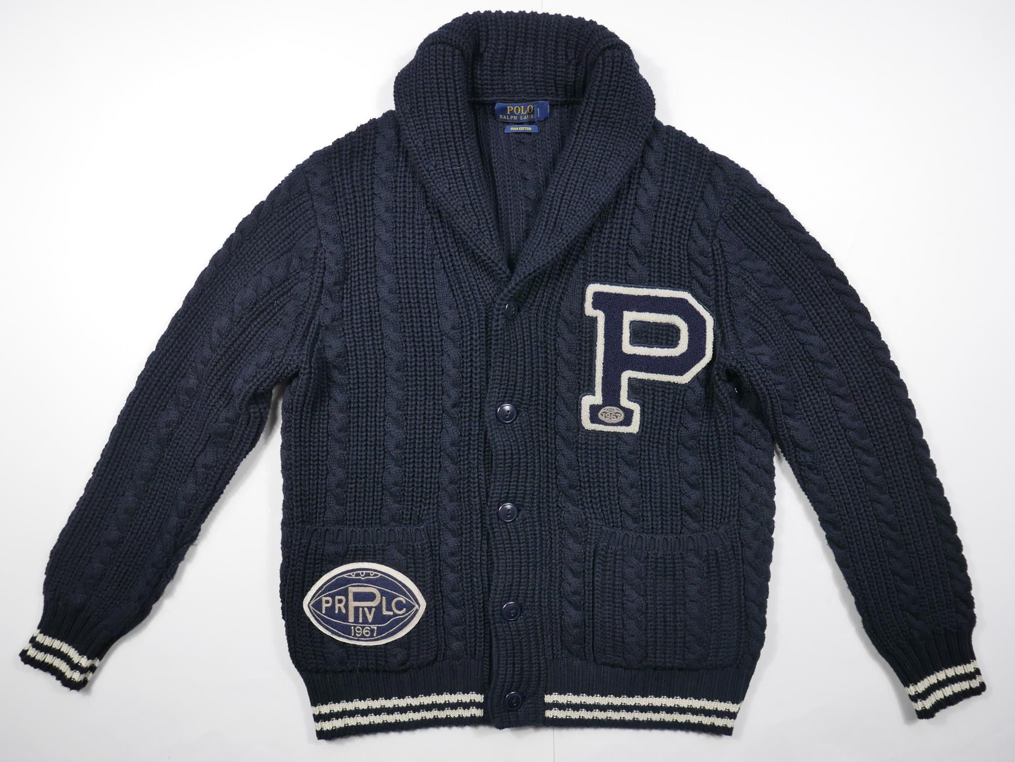 Polo Ralph Lauren Cardigan Sweater Cable Varsity Letterman S