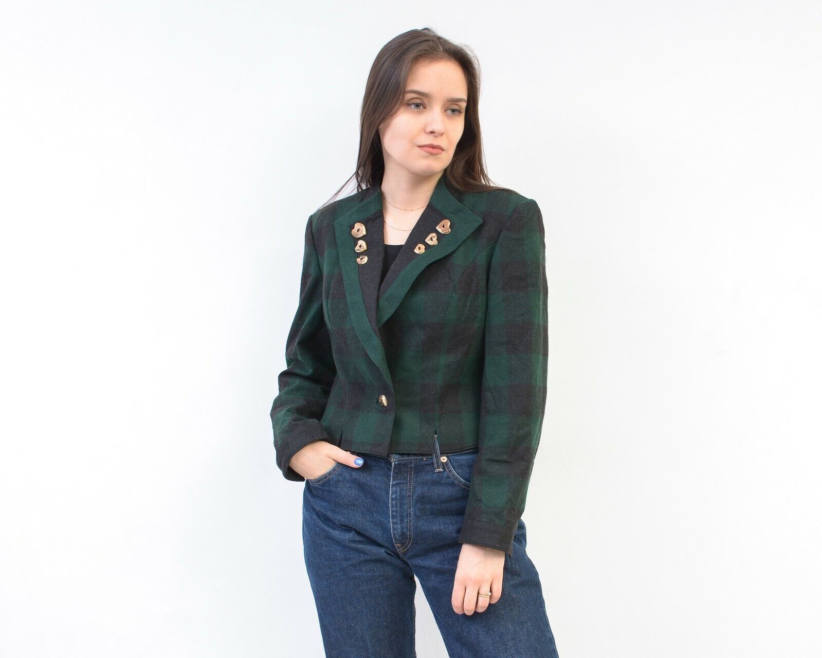 Vintage Women's Blazer Check Plaid Tartan Jacket Trachten Cardigan Size S / US 4 / IT 40 - 1 Thumbnail
