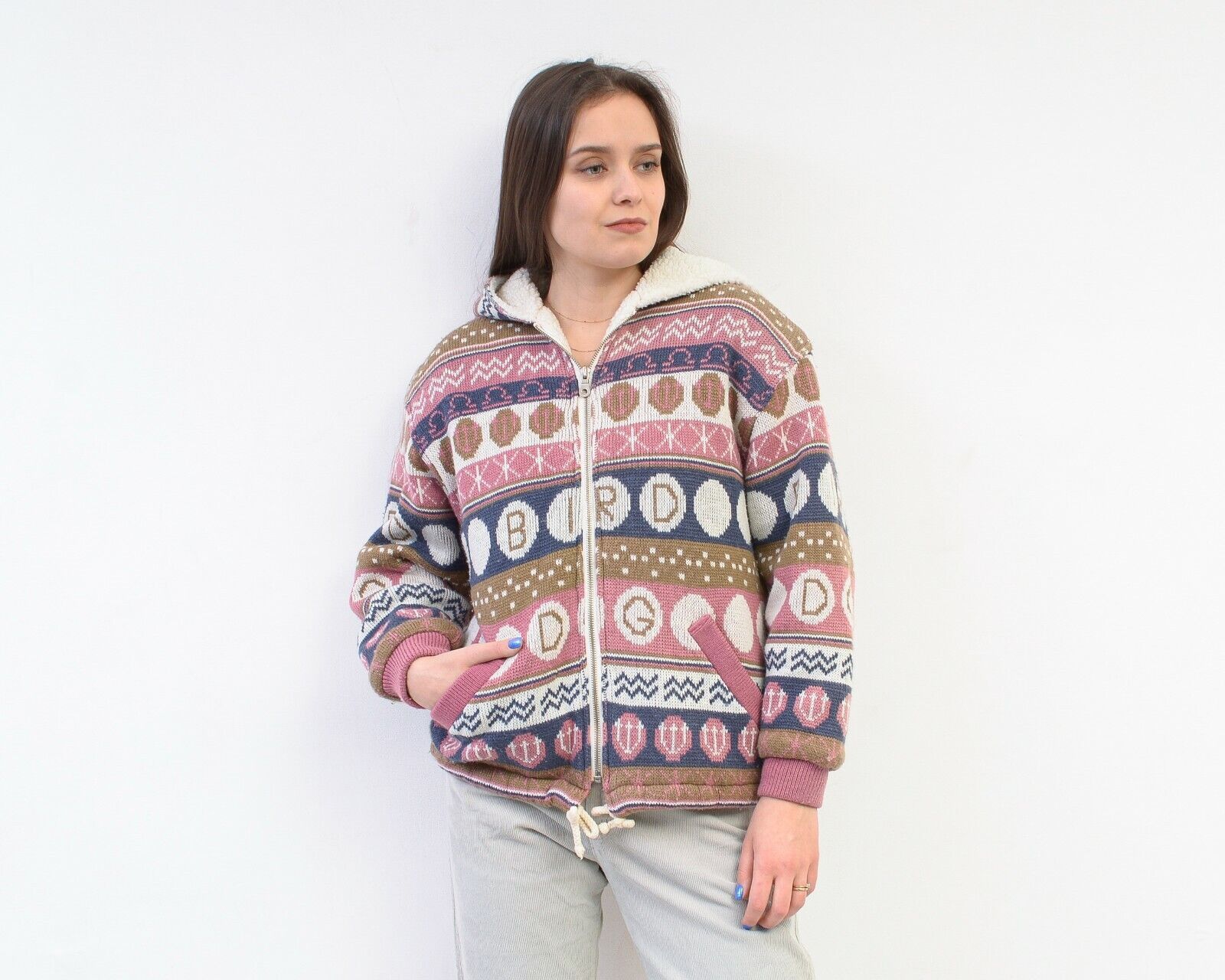 Vintage 90's Winter Faux Sherpa Pile Knitted Jacket Warm Hood Zipper Size L / US 10 / IT 46 - 3 Thumbnail