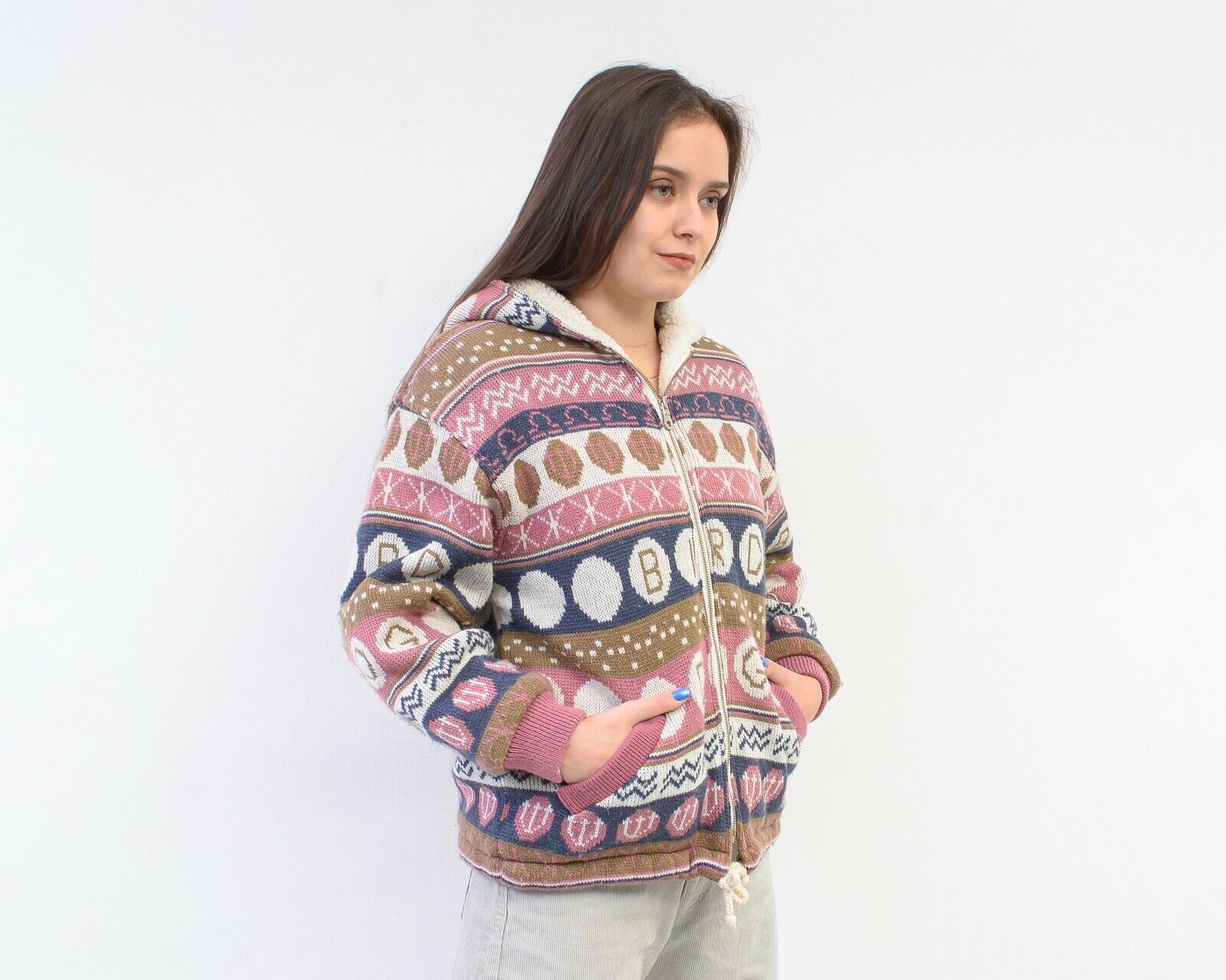 Vintage 90's Winter Faux Sherpa Pile Knitted Jacket Warm Hood Zipper Size L / US 10 / IT 46 - 4 Thumbnail