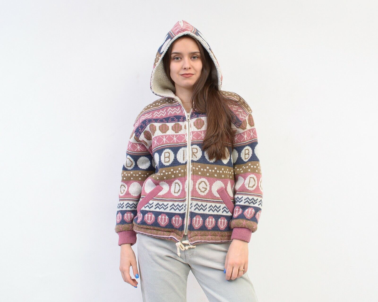 Vintage 90's Winter Faux Sherpa Pile Knitted Jacket Warm Hood Zipper Size L / US 10 / IT 46 - 2 Thumbnail