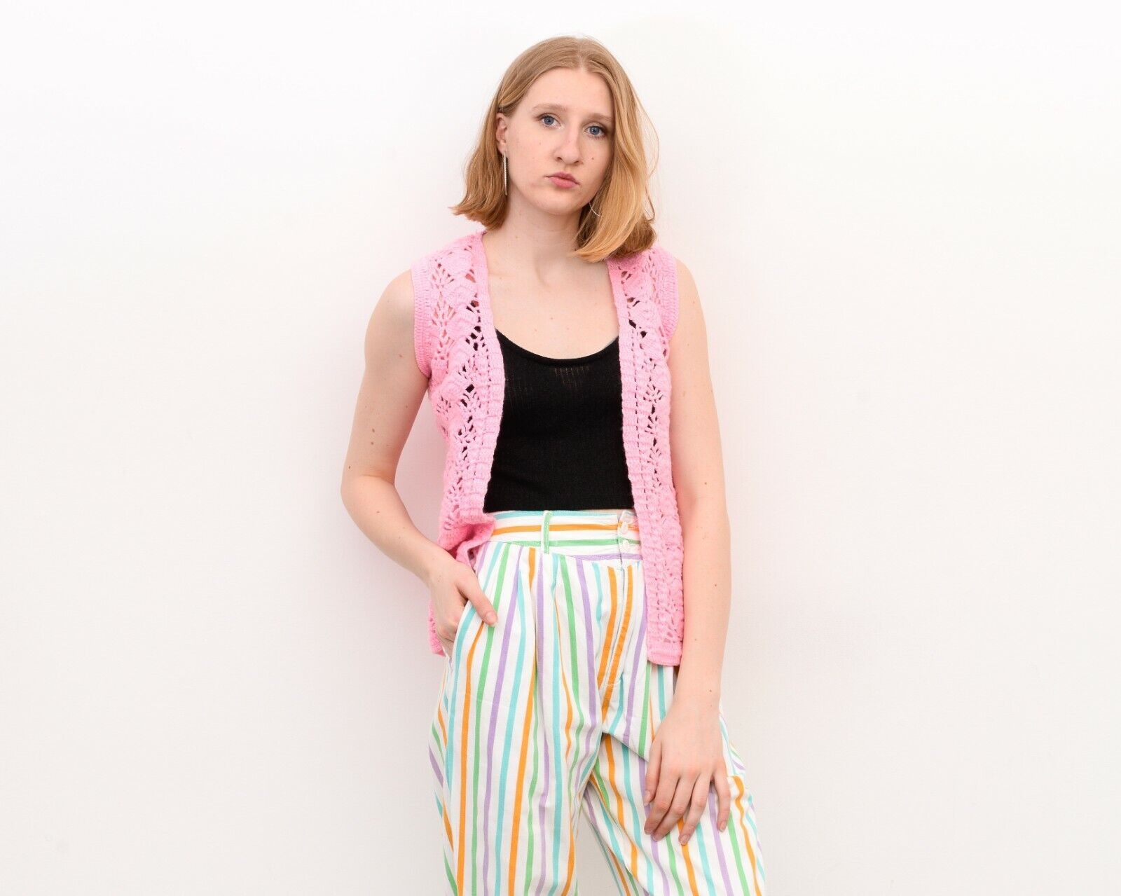 Other × Vintage Knitted Crochet Cute Romantic Waistcoat Vest Gilet VTG Size S / US 4 / IT 40 - 2 Thumbnail