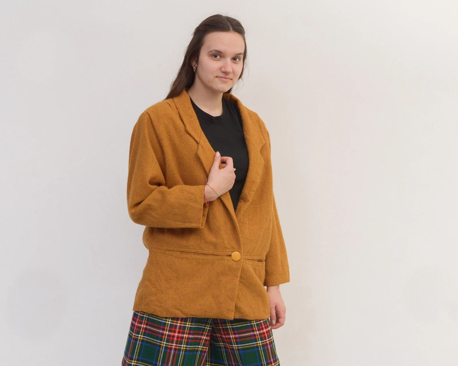 Vintage Wool Blazer Jacket Tan Coat One Button Rough Oversized Size XL / US 12-14 / IT 48-50 - 3 Thumbnail