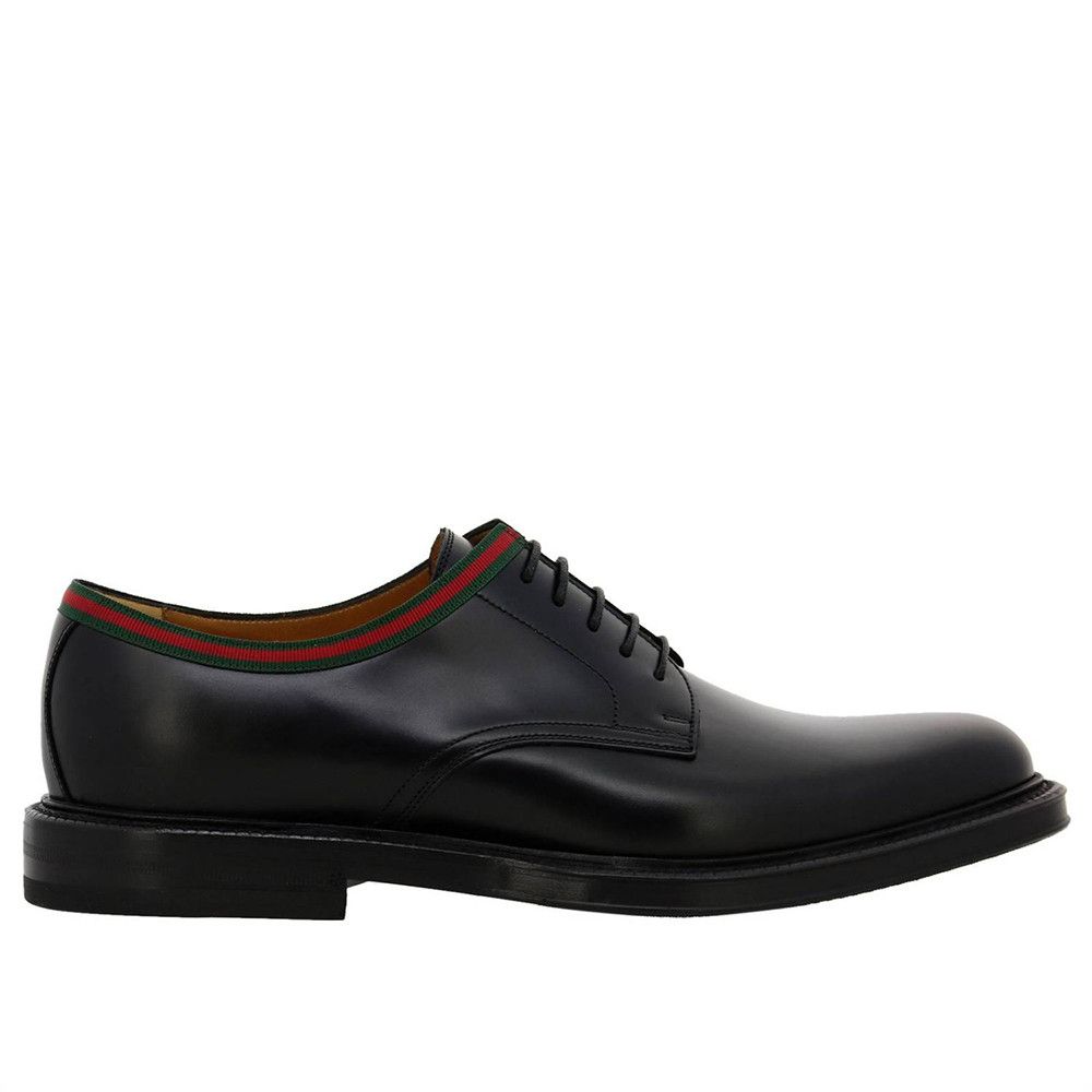 Gucci Men's Web Leather Derby Dress Shoes Black