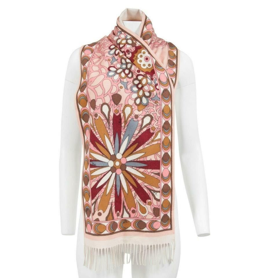 Emilio Pucci Pink Brown Floral Psychedelic Fringe Scarf Size ONE SIZE - 1 Thumbnail