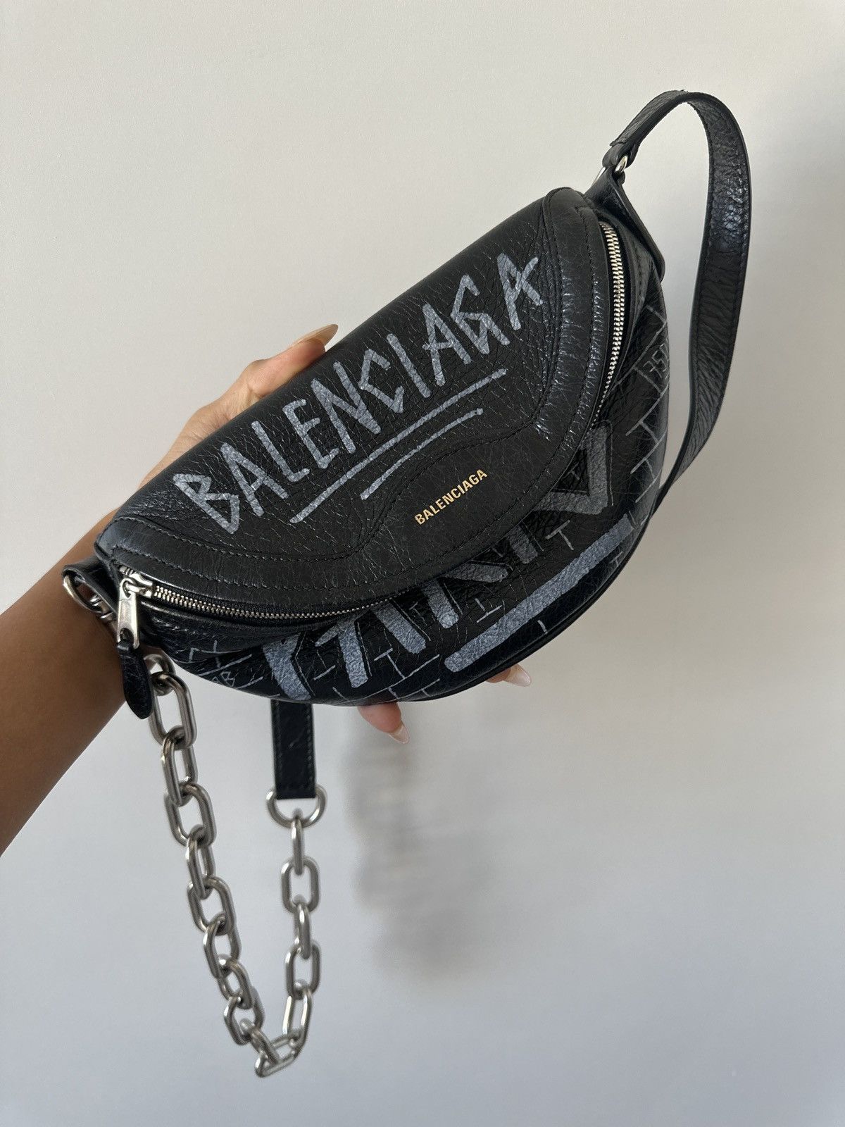 BALENCIAGA Agneau Souvenir XXS Paris Graffiti Belt Bag Black White